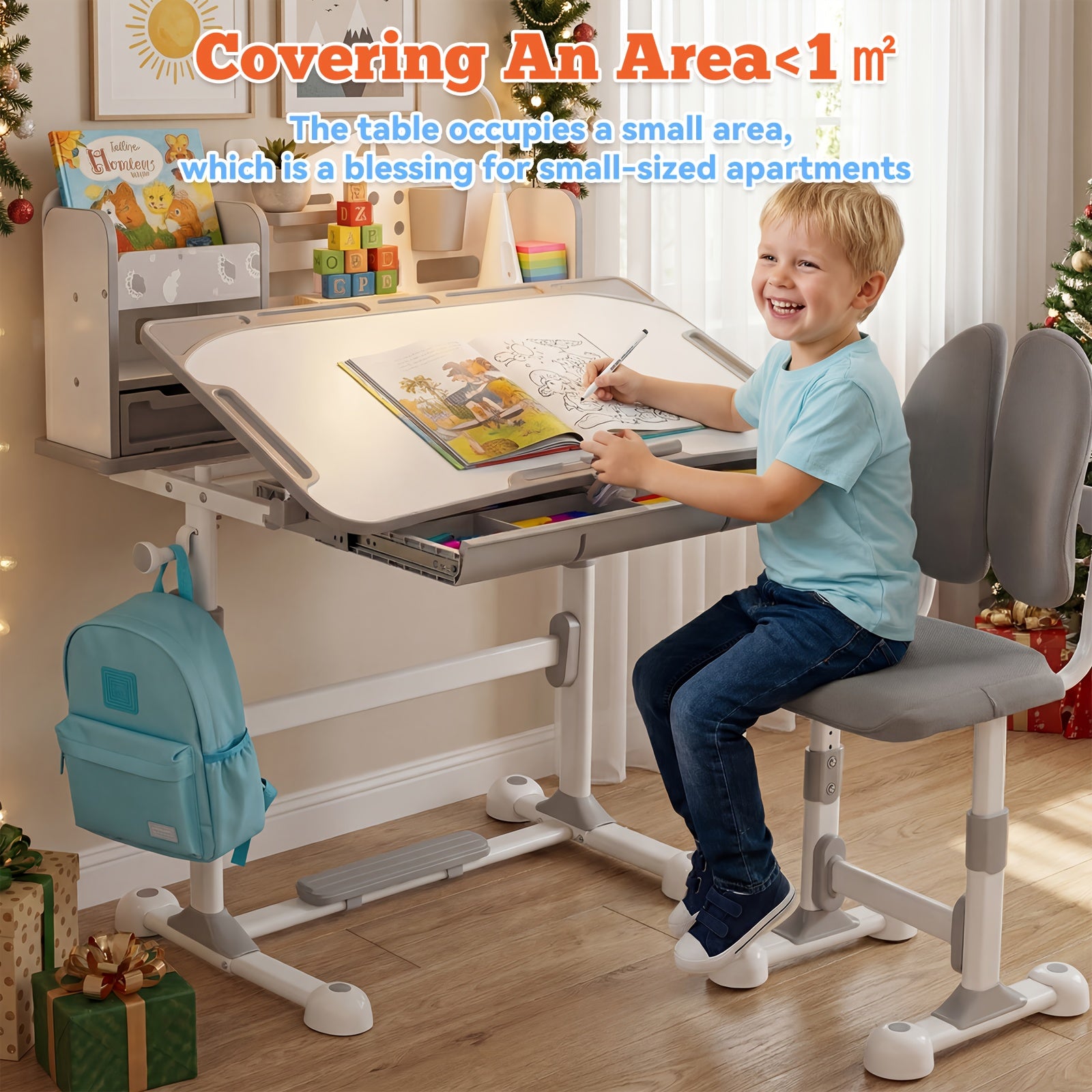 2pcs Adjustable Height Study Desk & Chair Set with Posture Corrector - Heavy-Duty Metal Bookshelf