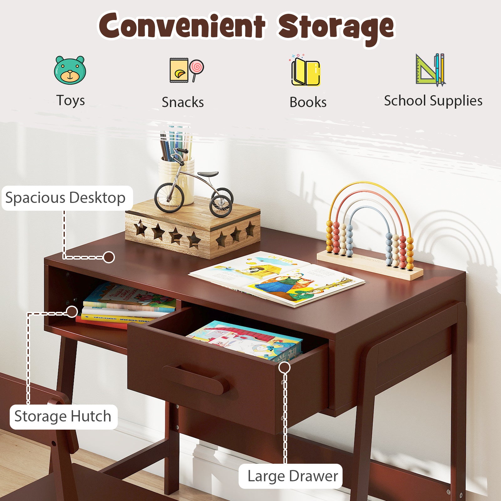 COSTWAY Kids Desk and Chair Set, Wooden Children Study Table Set with Storage Drawer and Hutch