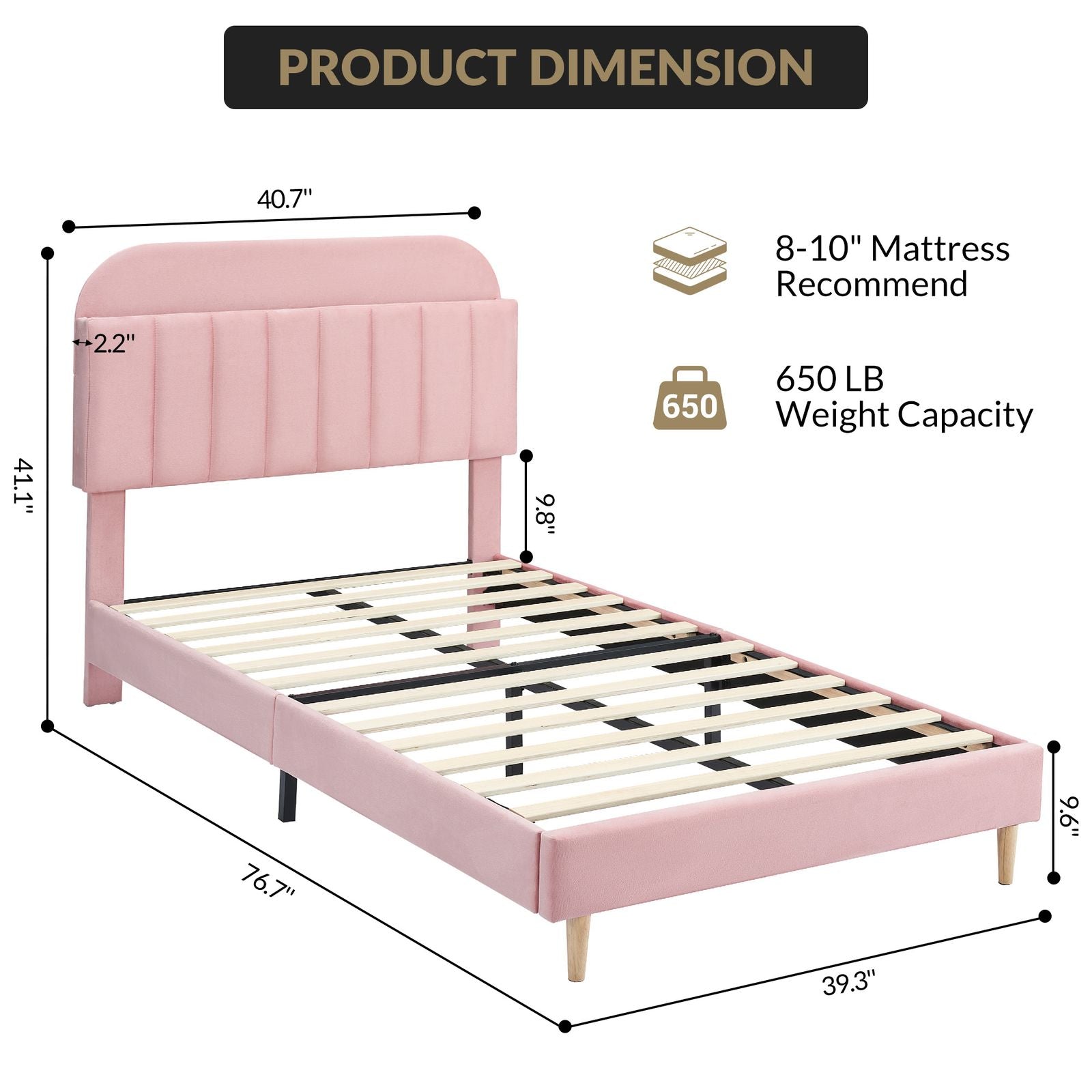 Hipicute Twin Bed Frame with Storage Headboard - Pink Bed, Heavy-Duty Slats & Pink Velvet Upholstery