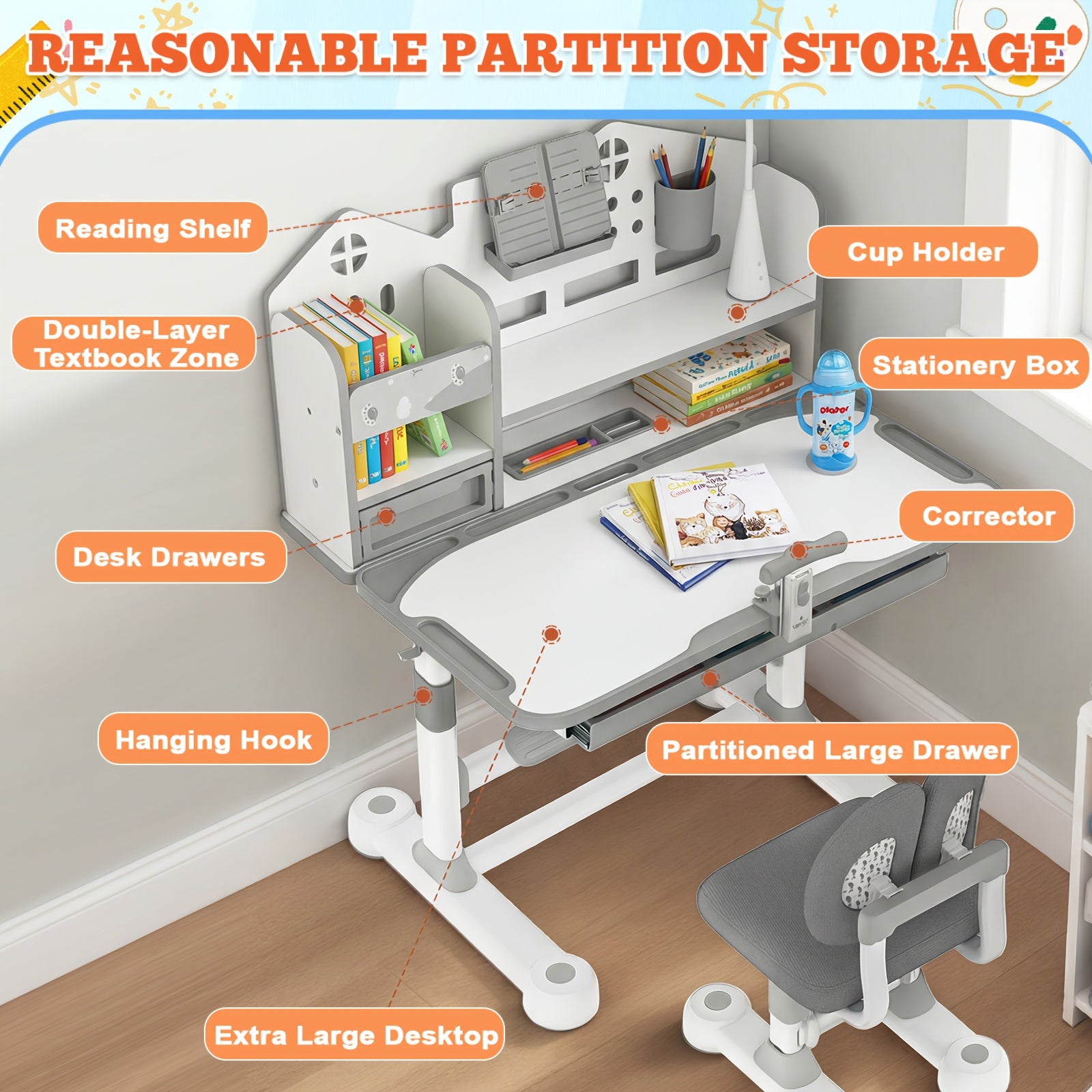 2pcs Adjustable Height Study Desk & Chair Set with Posture Corrector - Heavy-Duty Metal Bookshelf