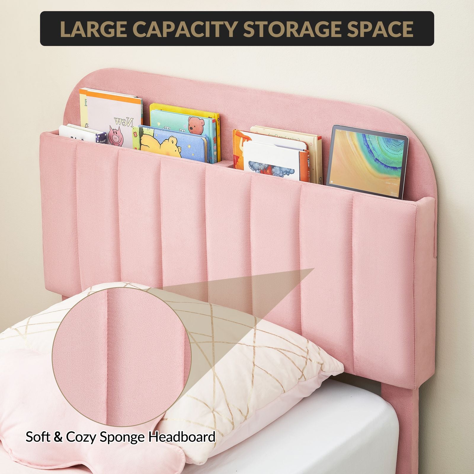 Hipicute Twin Bed Frame with Storage Headboard - Pink Bed, Heavy-Duty Slats & Pink Velvet Upholstery
