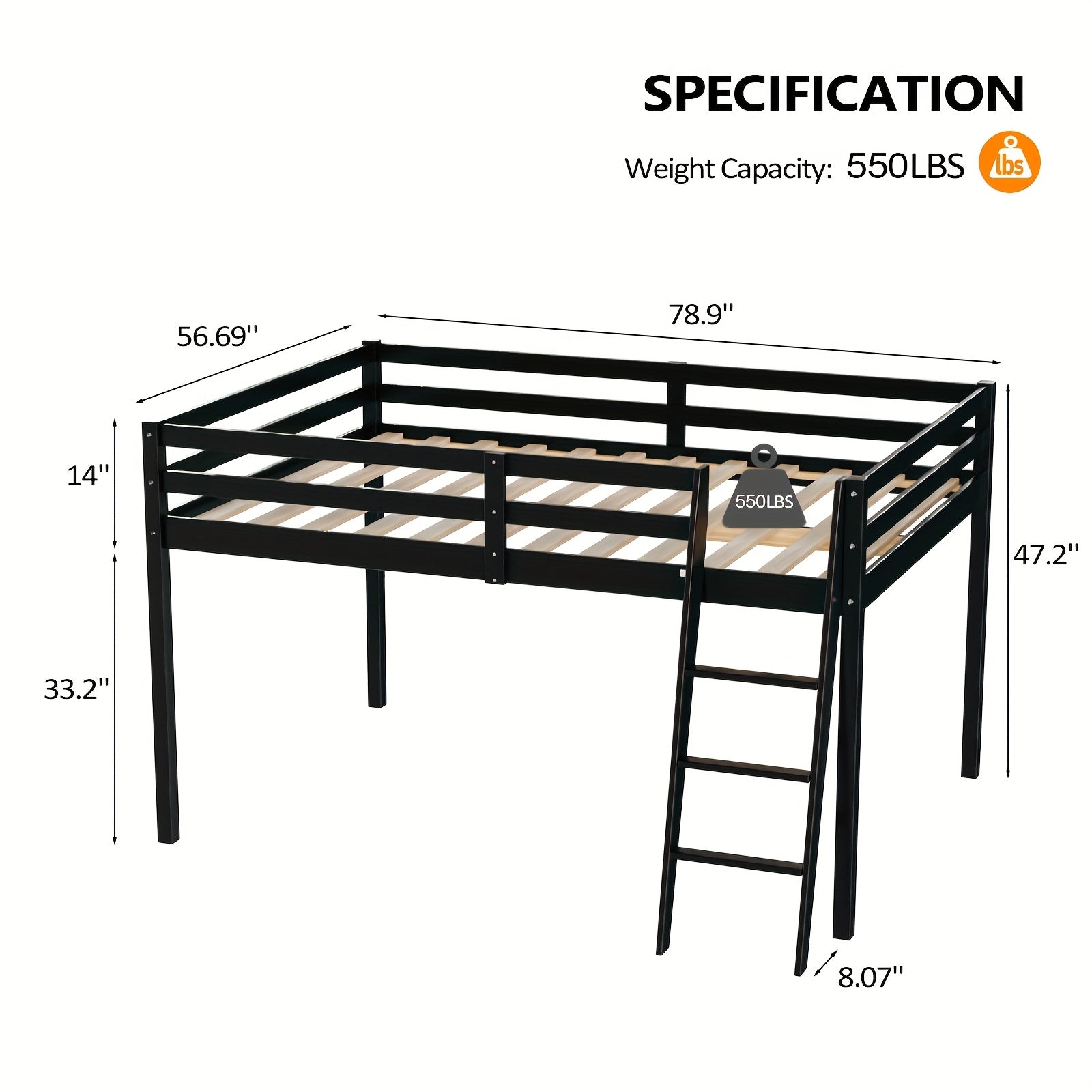 Bonnlo Twin\u002FFull Low Loft Bed with Inclined Stairs - Solid Wood & MDF Bunk Bed Frame