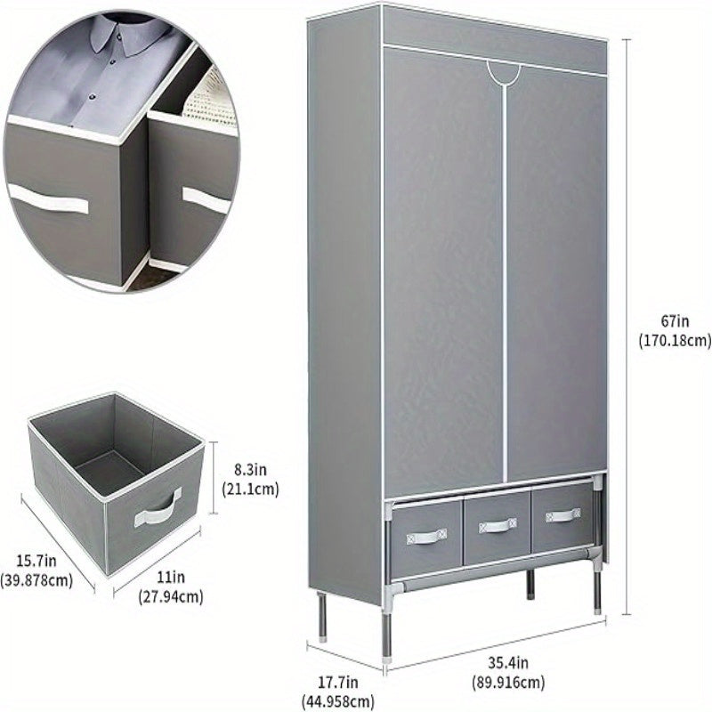 Portable Clothes Closet Rolling Door Wardrobe With Hanging Rack & 3 Drawers