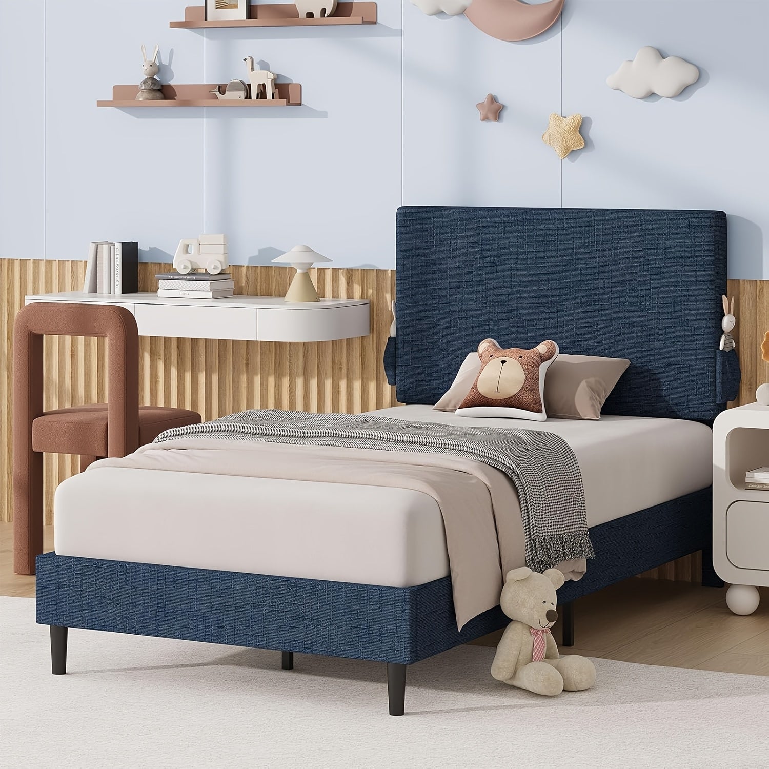 Twin Bed Frame with Headboard | Chenille Fabric Upholstered Platform Bed with Strong Wooden Slats