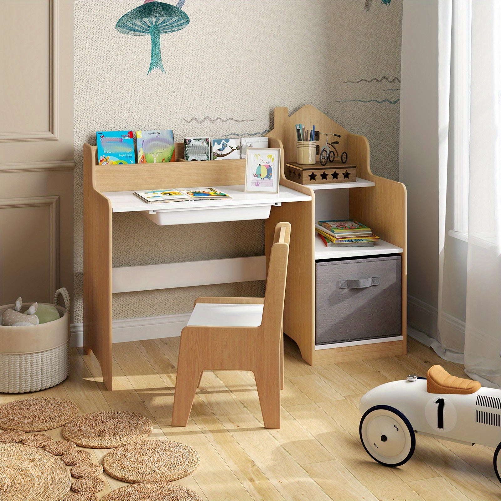 COSTWAY Kids Study Desk and Chair Set, Children Study Table w\u002F Open Shelves