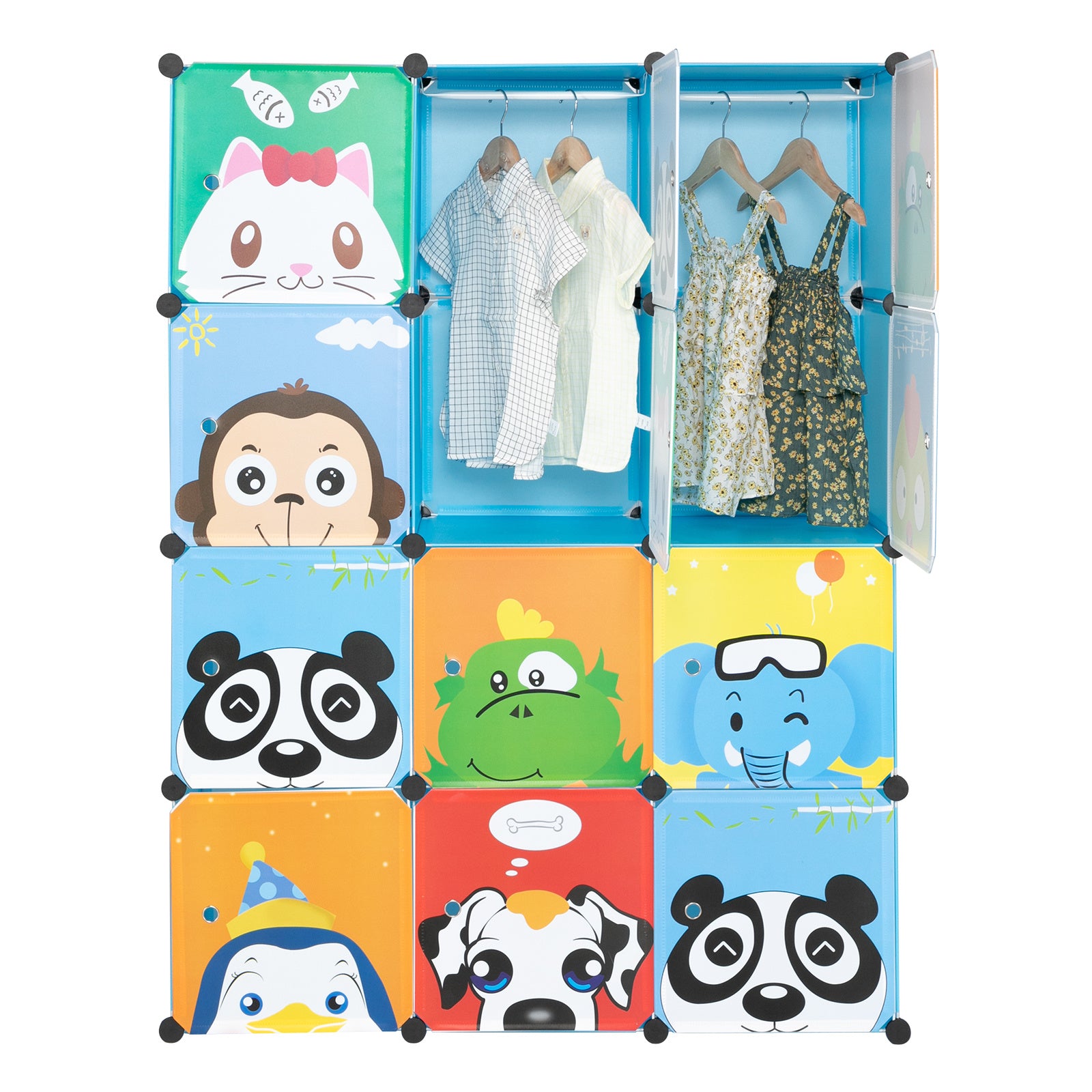 Cartoon Modular Storage Organizer with 12 Cubes & 2 Clothes Hanging Rack, Portable Armoire, Wardrobe for Bedroom