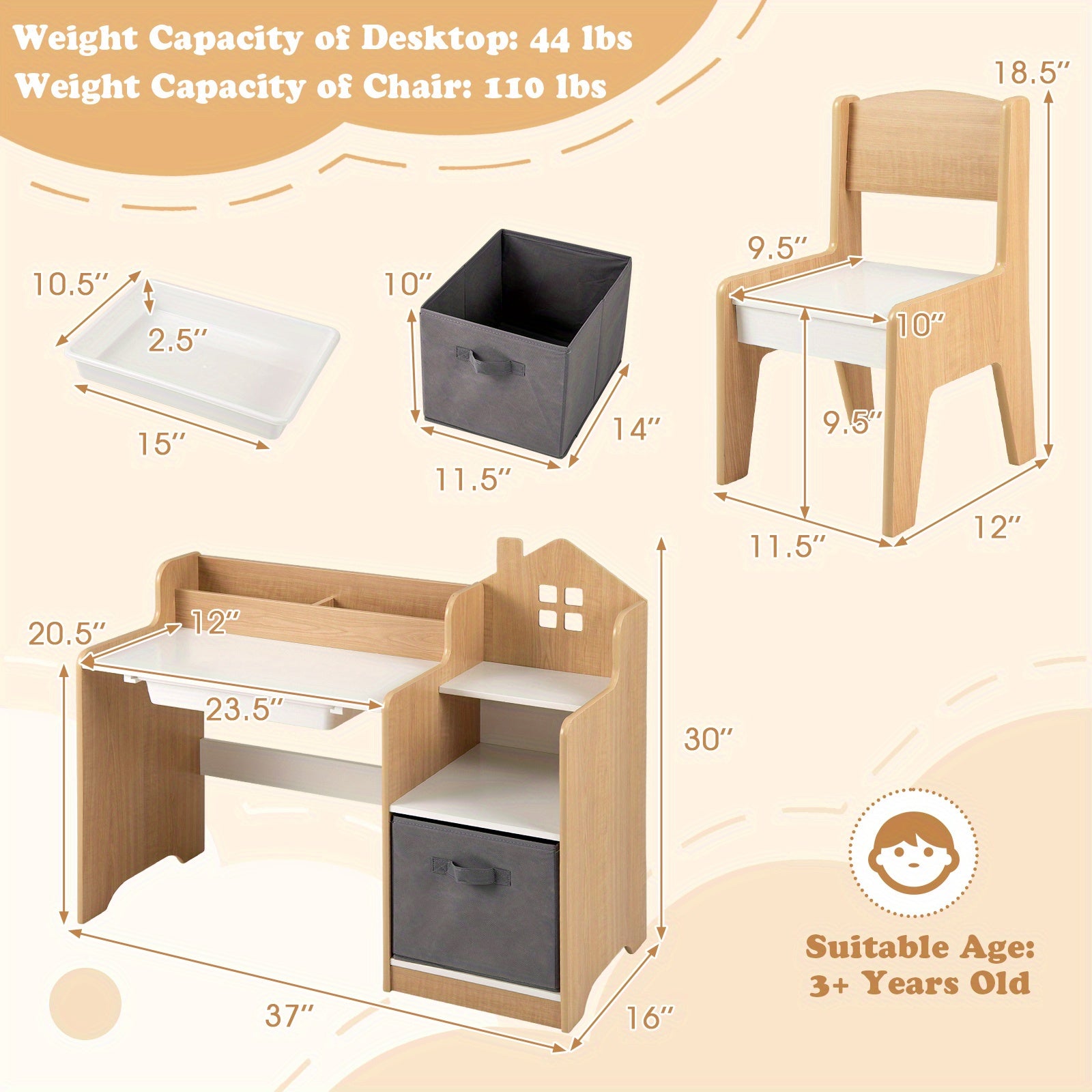 COSTWAY Kids Study Desk and Chair Set, Children Study Table w\u002F Open Shelves