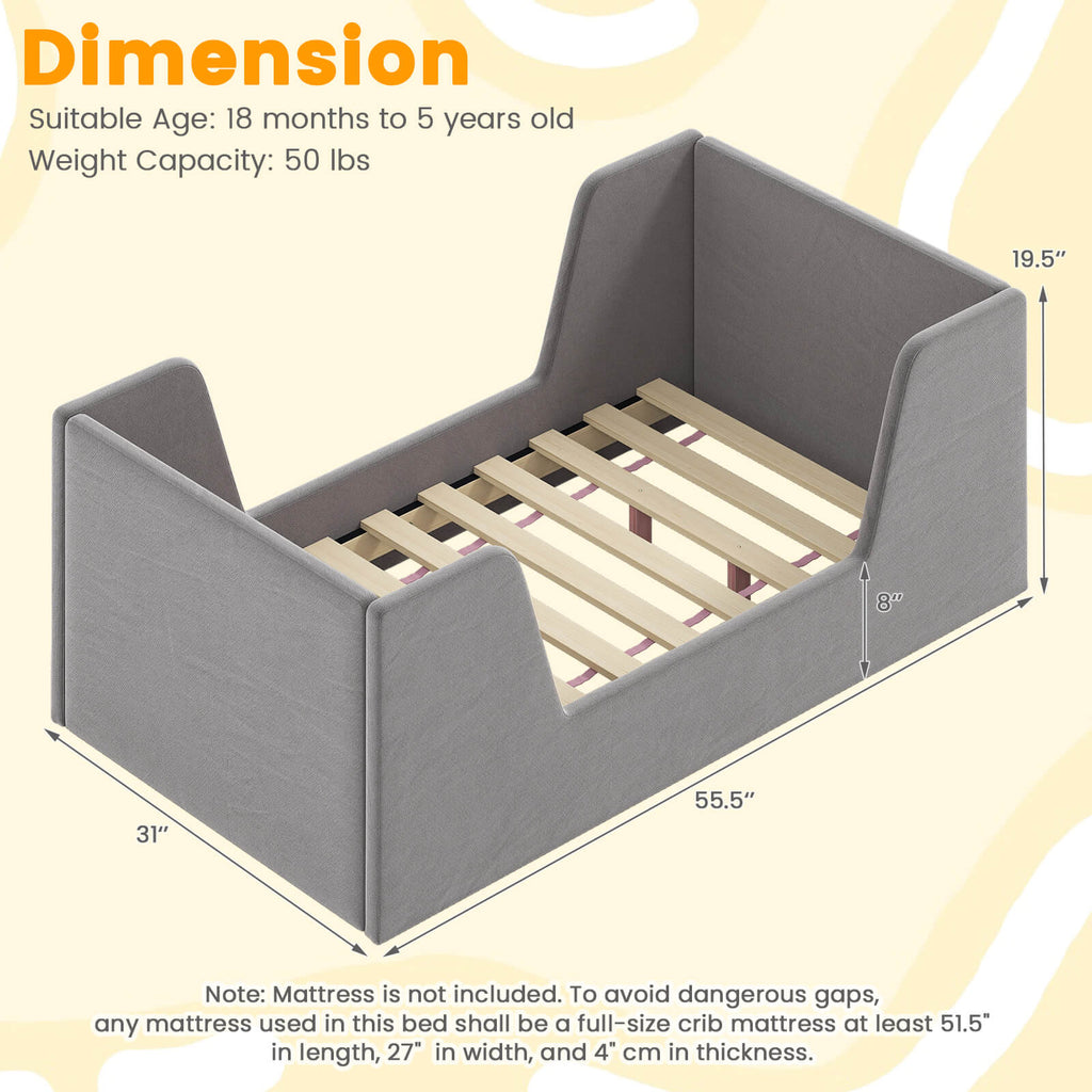 Soft Velvet Fabric Upholstered Children Floor Bed W\u002F Safety Rails & Headboard, No Mattress