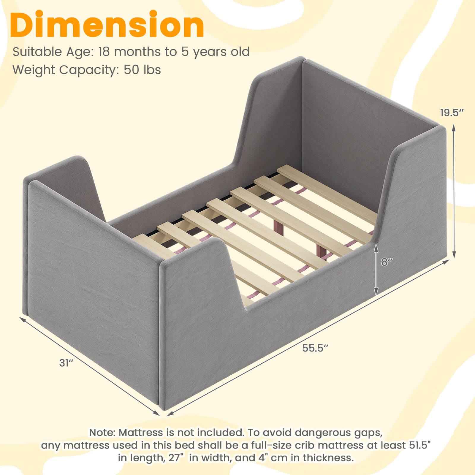 Soft Velvet Fabric Upholstered Children Floor Bed W\u002F Safety Rails & Headboard, No Mattress