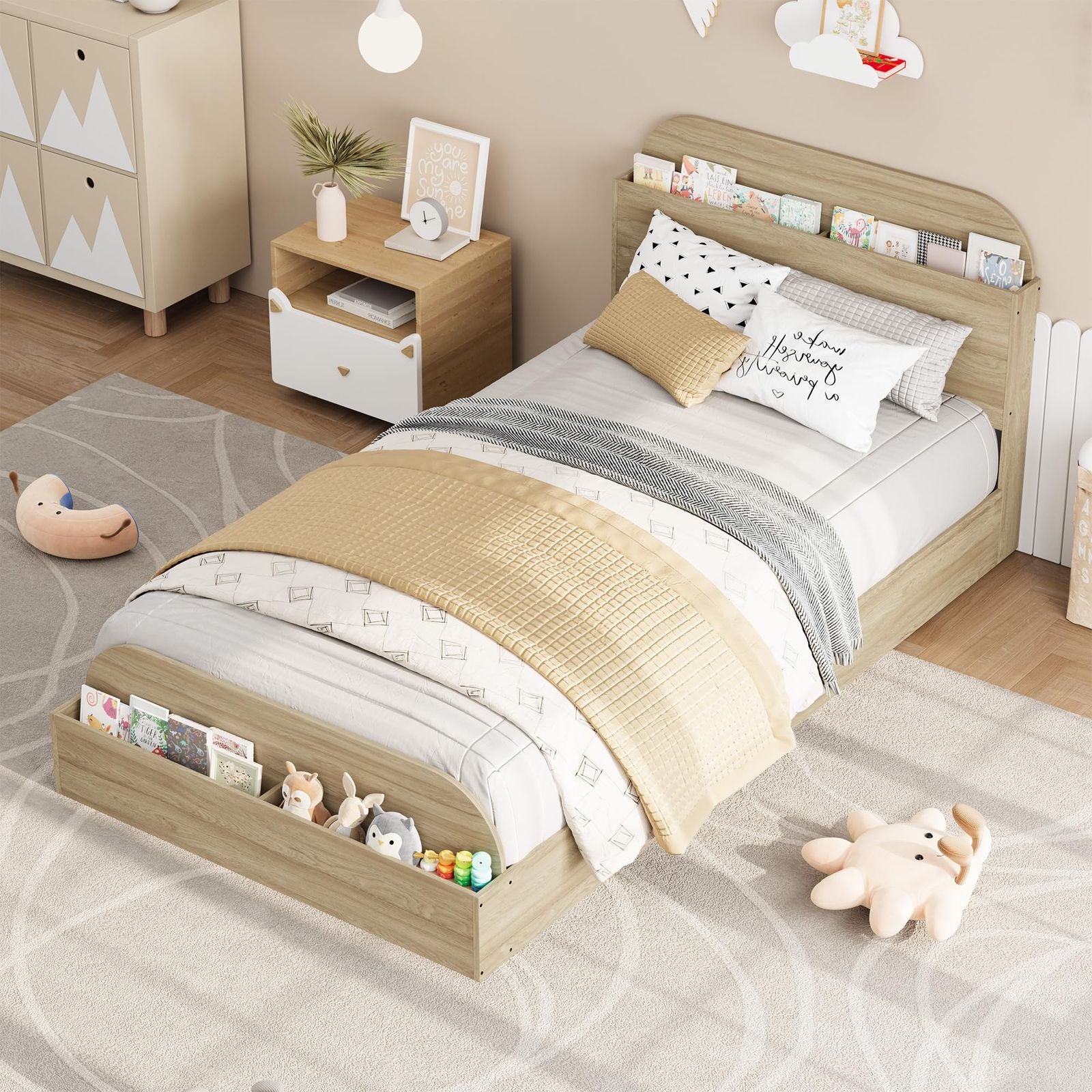 Twin Size Kids Bed Frame with Storage Headboard & Raised Footboard - Low Profile Platform Bed