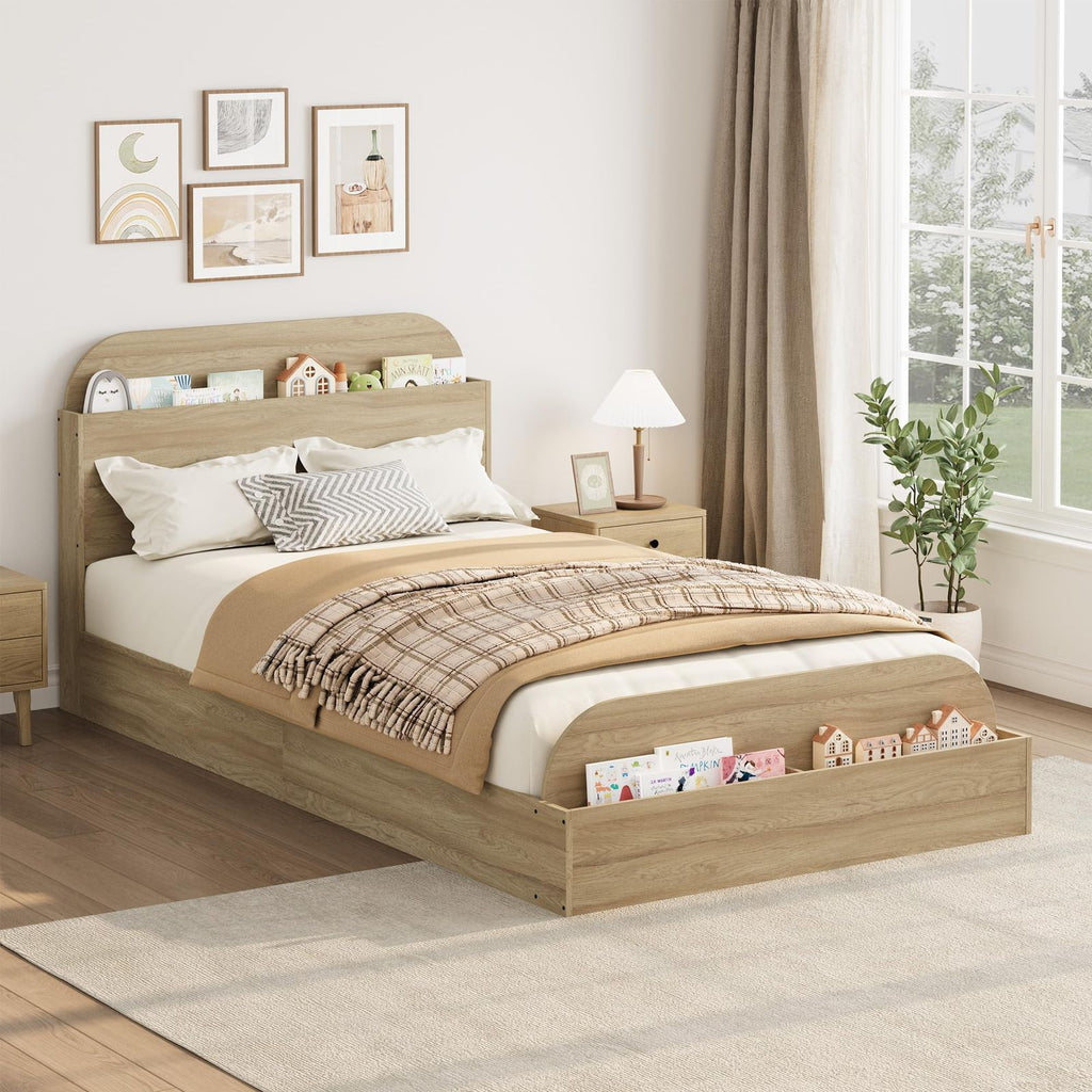 Twin Size Kids Bed Frame with Storage Headboard & Raised Footboard - Low Profile Platform Bed