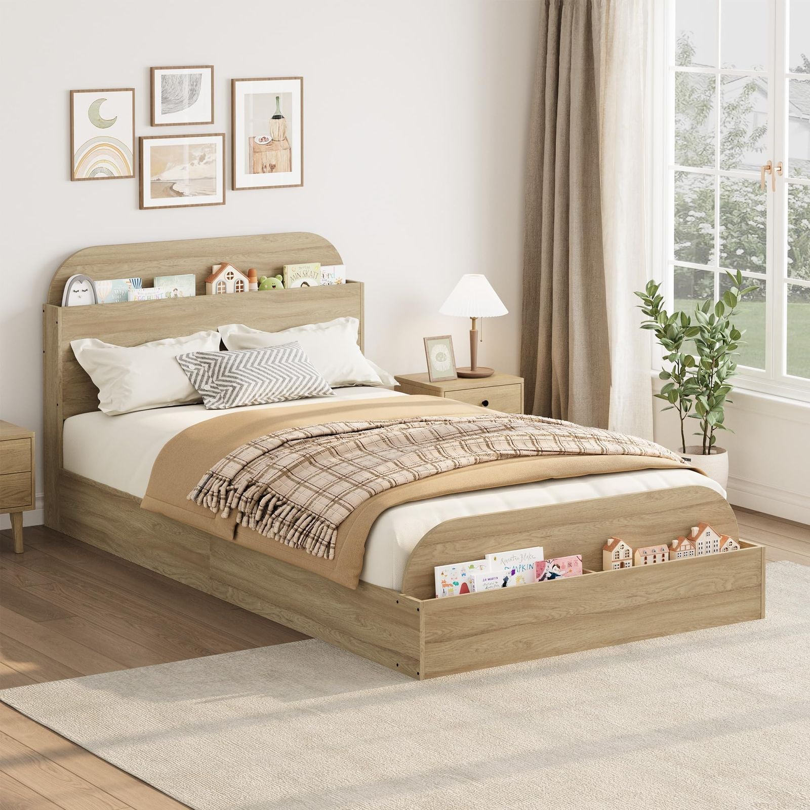 Twin Size Kids Bed Frame with Storage Headboard & Raised Footboard - Low Profile Platform Bed