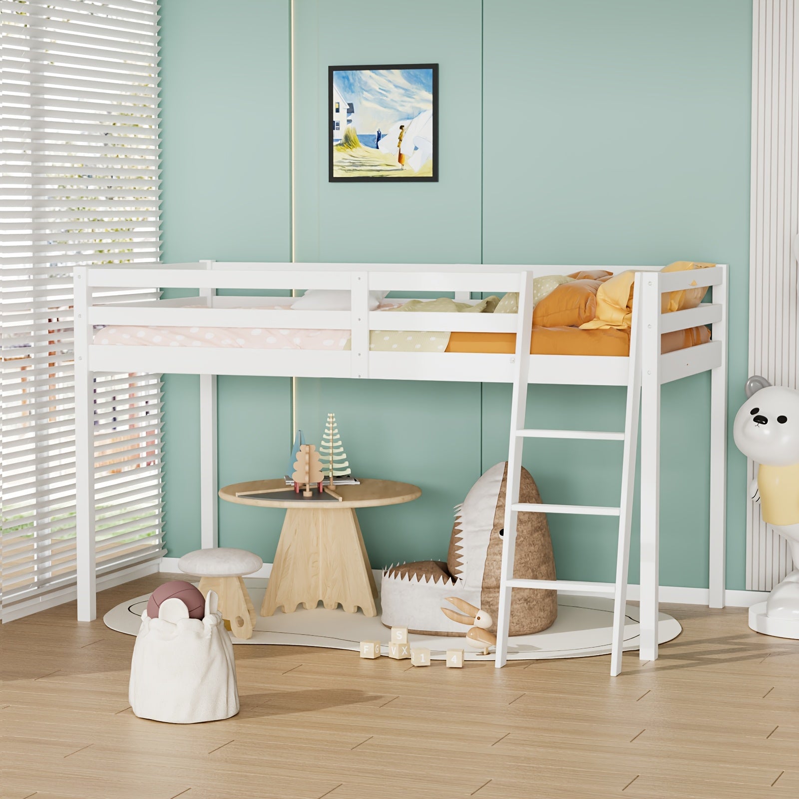 Bonnlo Twin\u002FFull Low Loft Bed with Inclined Stairs - Solid Wood & MDF Bunk Bed Frame