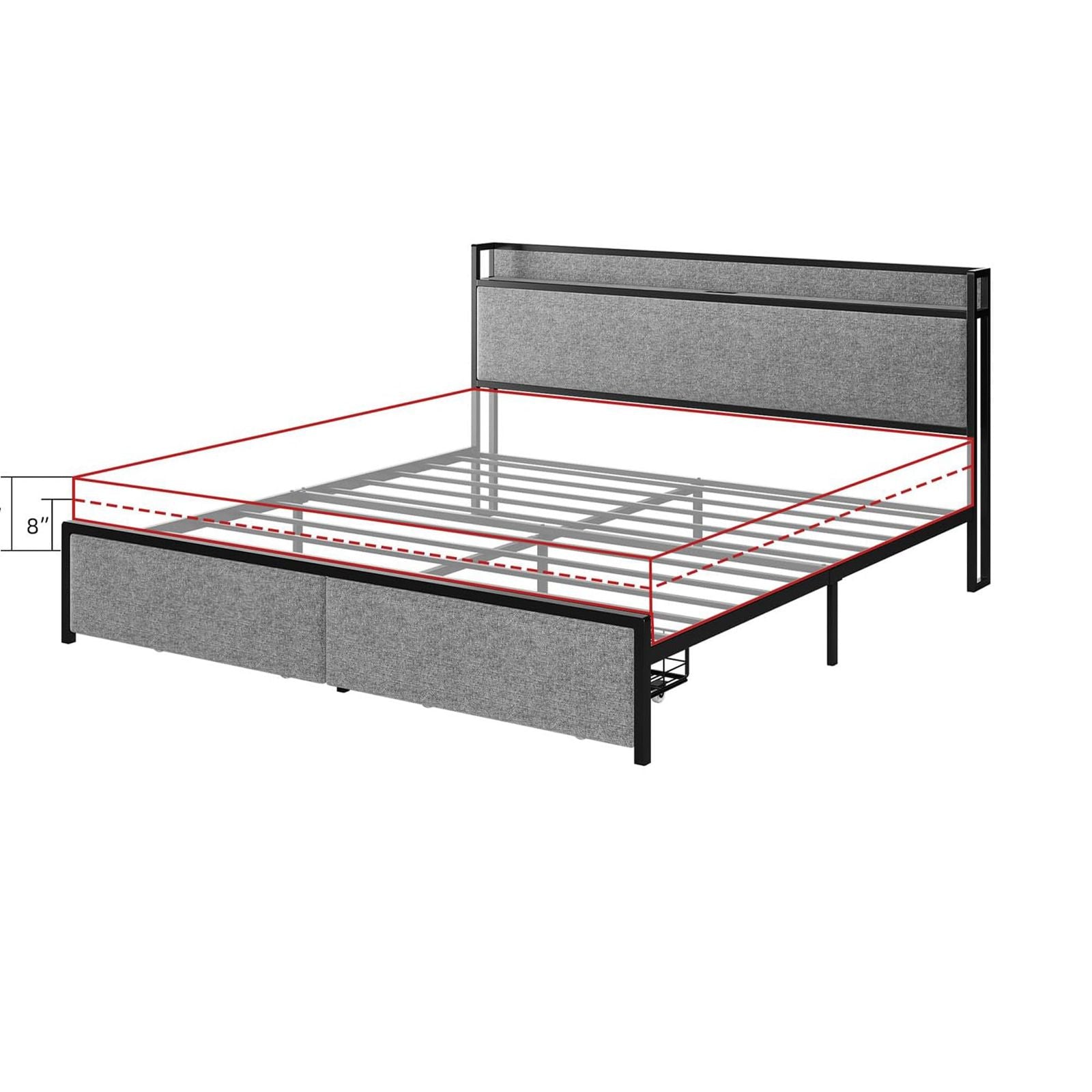 Twin Size Kids Bed Frame with Storage Headboard & Raised Footboard - Low Profile Platform Bed