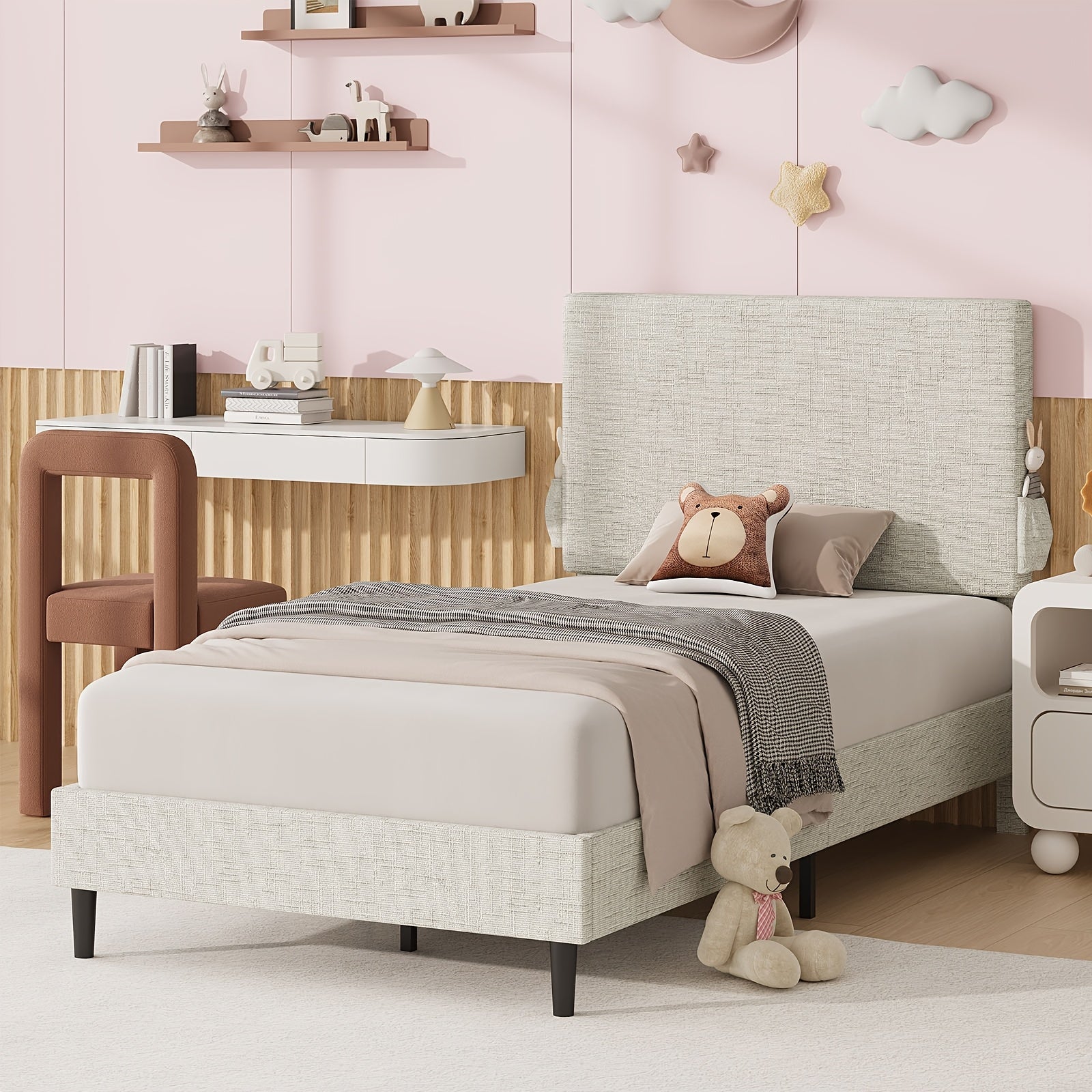 Twin Bed Frame with Headboard | Chenille Fabric Upholstered Platform Bed with Strong Wooden Slats