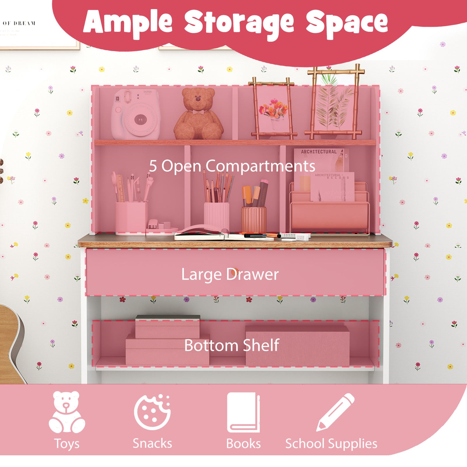 COSTWAY Kids Wooden Study Desk Children Writing Table with Hutch & Drawer White