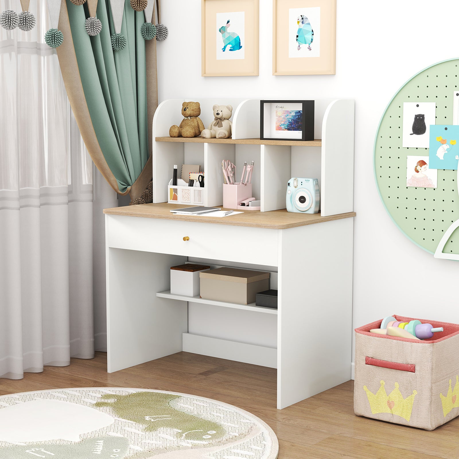 COSTWAY Kids Wooden Study Desk Children Writing Table with Hutch & Drawer White