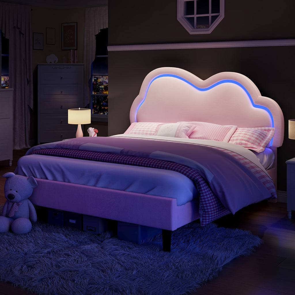 LUXOAK LED-Illuminated Twin Bed Frame with Velvet Cloud Headboard