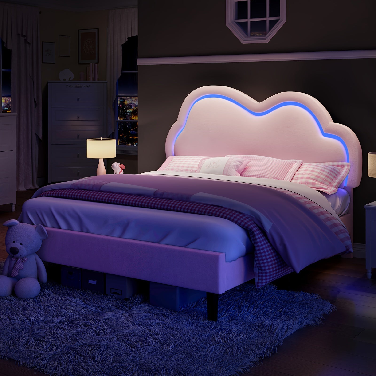 LUXOAK LED-Illuminated Twin Bed Frame with Velvet Cloud Headboard