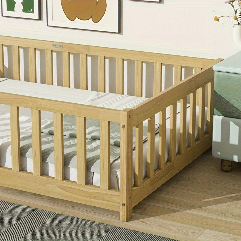 Twin Size Floor Bed with Fence Without Door, Rubber Wood Floor Bed with Safety Guardrails, 2 Colors