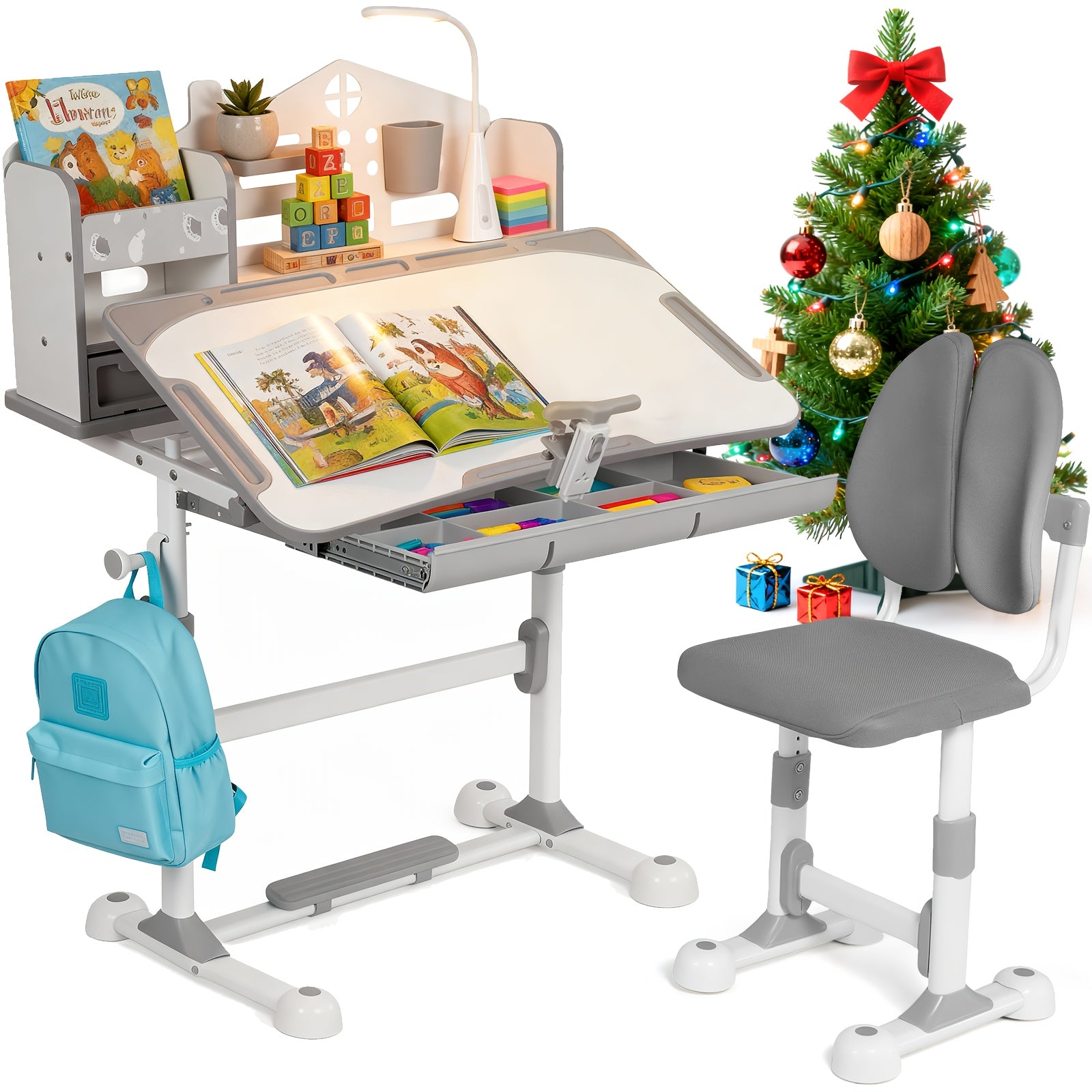 2pcs Adjustable Height Study Desk & Chair Set with Posture Corrector - Heavy-Duty Metal Bookshelf