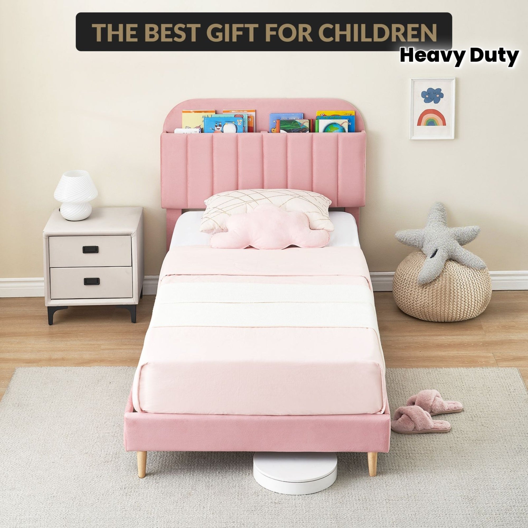 Hipicute Twin Bed Frame with Storage Headboard - Pink Bed, Heavy-Duty Slats & Pink Velvet Upholstery