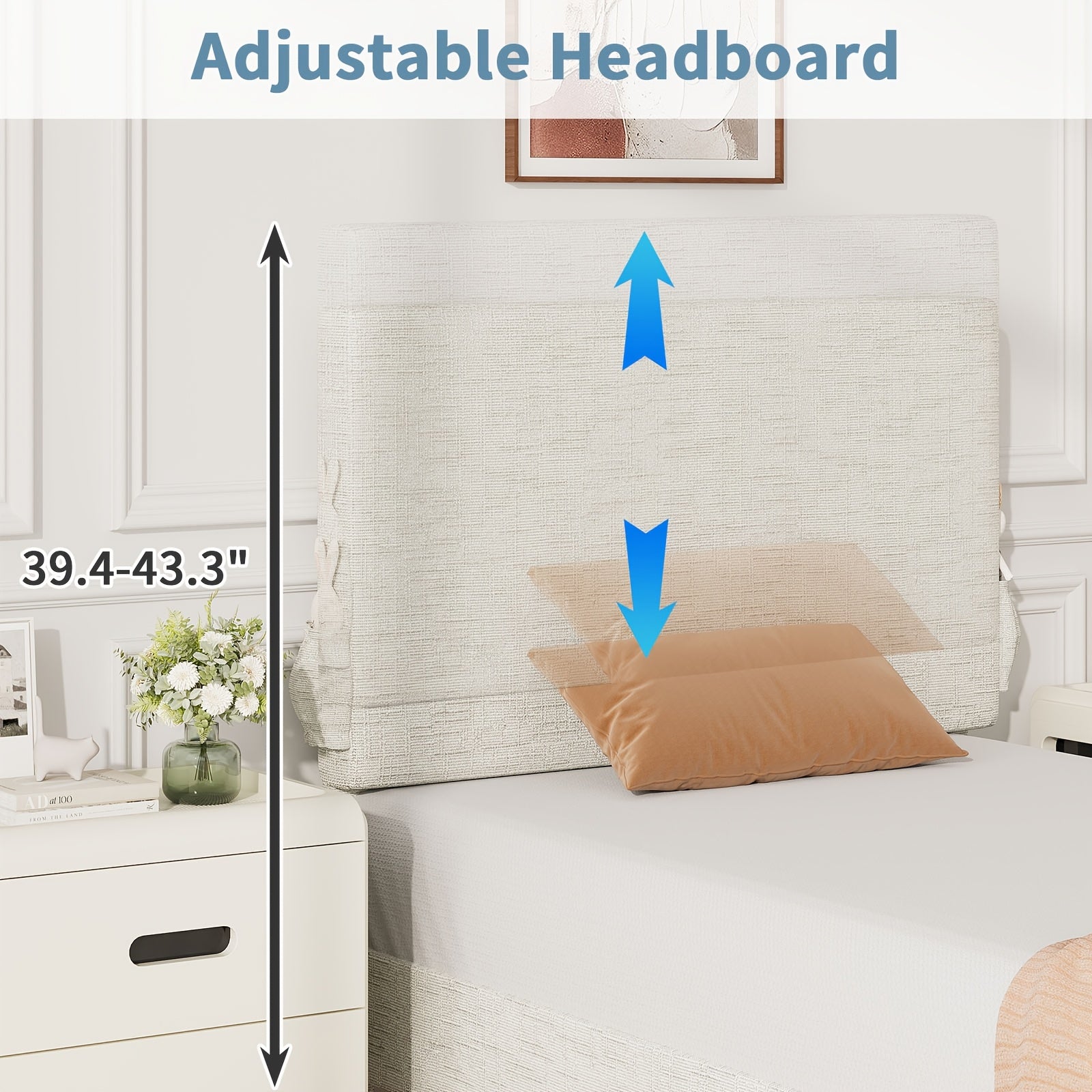 Twin Bed Frame with Headboard | Chenille Fabric Upholstered Platform Bed with Strong Wooden Slats