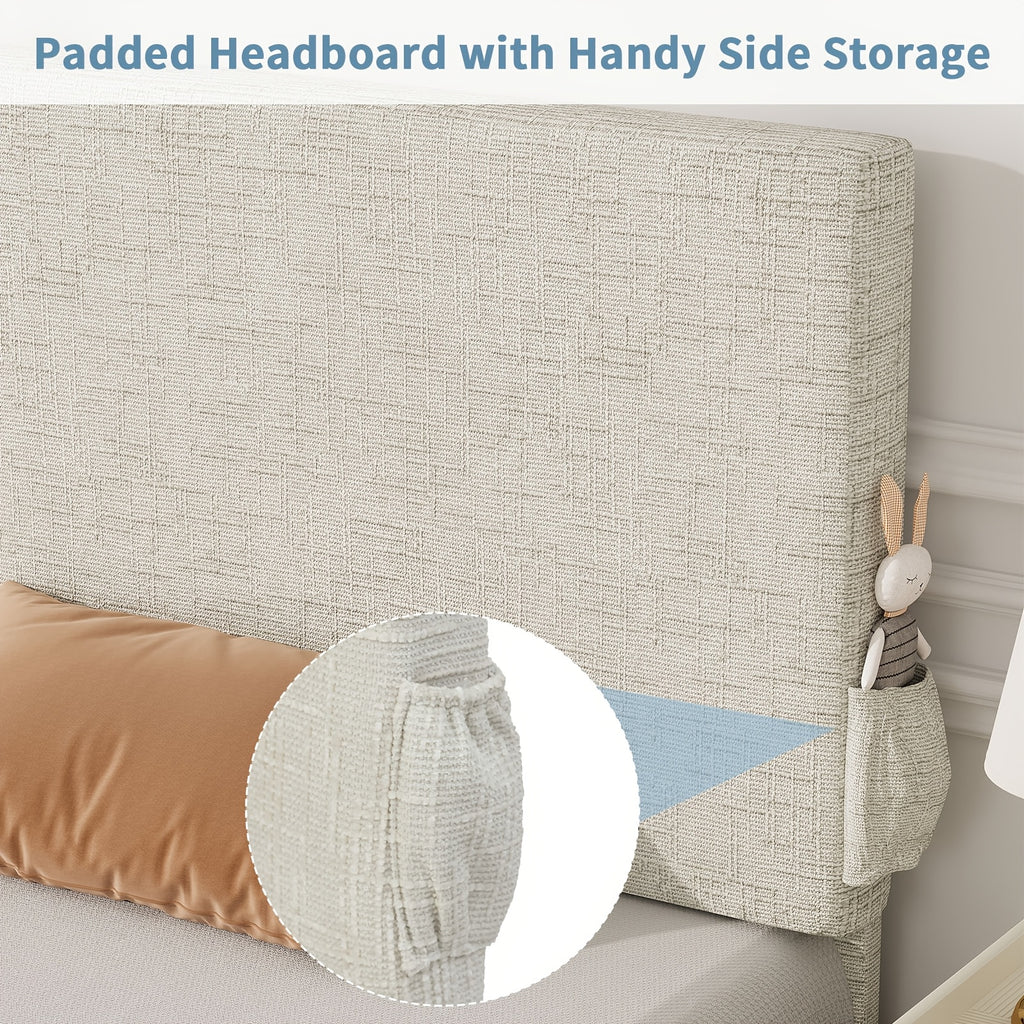 Twin Bed Frame with Headboard | Chenille Fabric Upholstered Platform Bed with Strong Wooden Slats