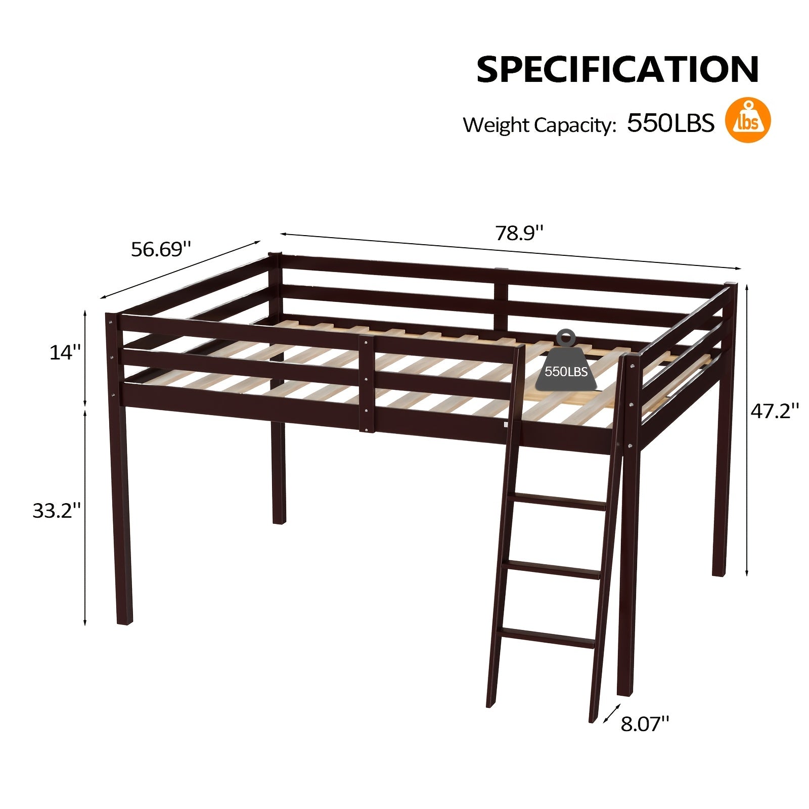 Bonnlo Twin\u002FFull Low Loft Bed with Inclined Stairs - Solid Wood & MDF Bunk Bed Frame