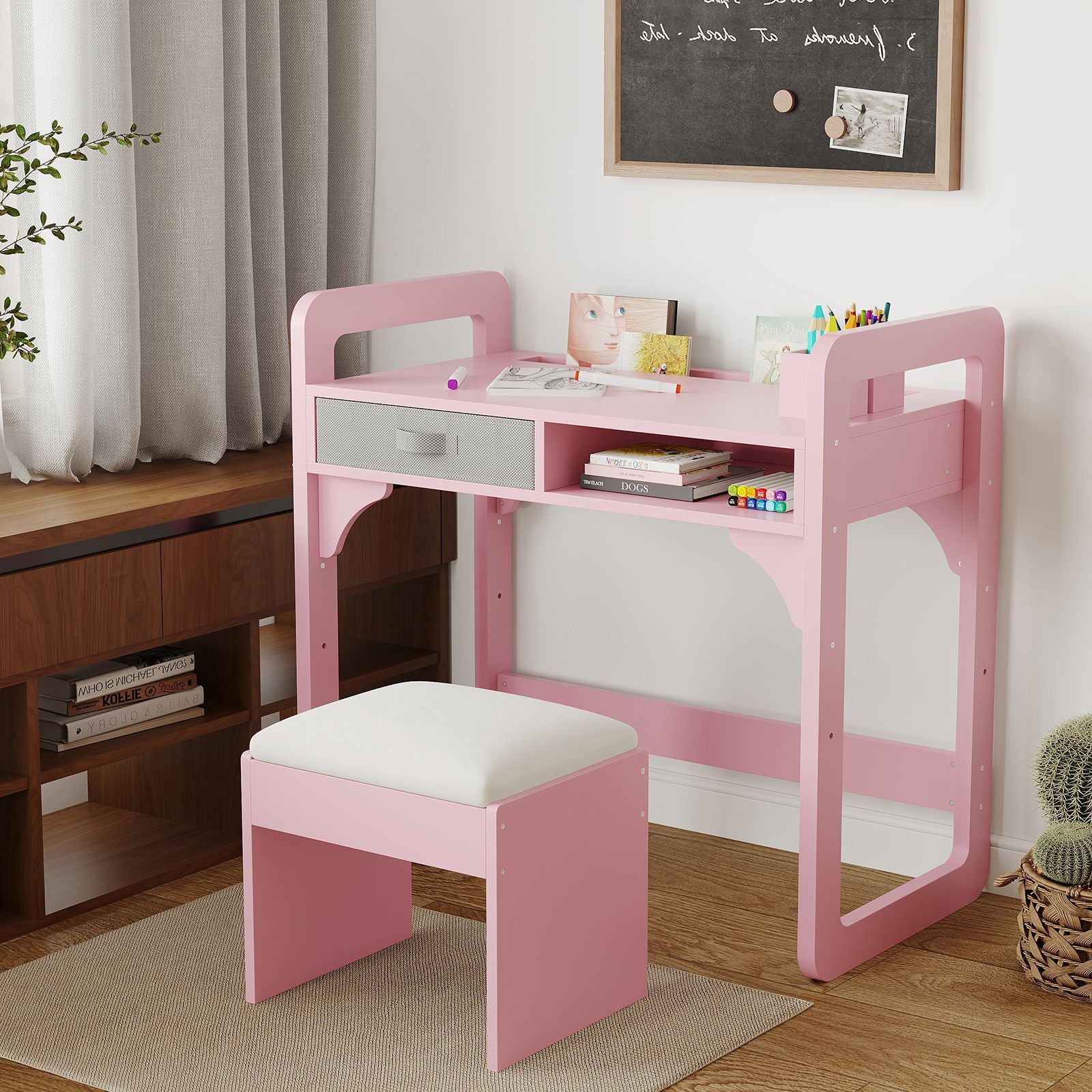 2pcs Pink Adjustable Wooden Study Table and Chair Set with Bookshelf, Cloth Drawer