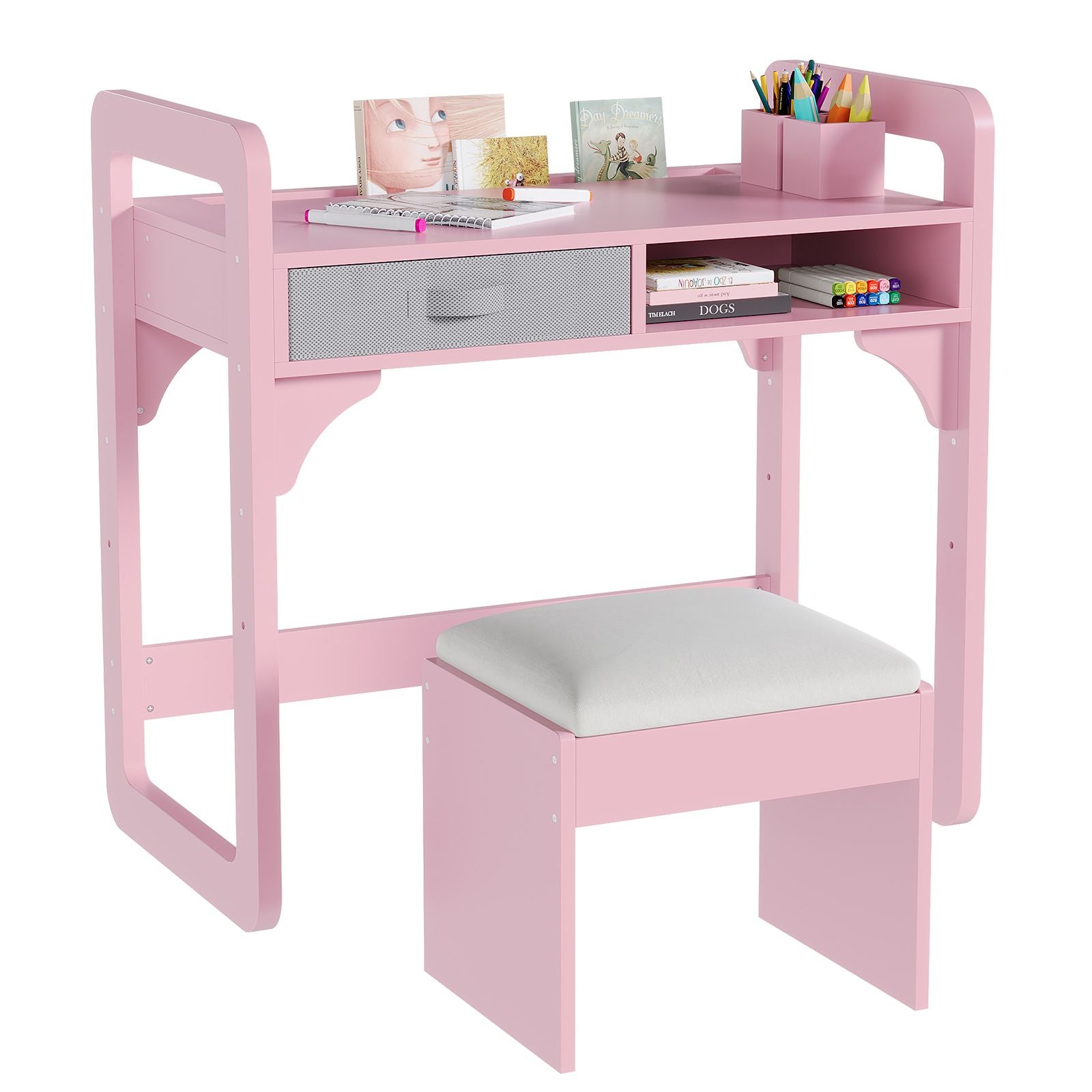 2pcs Pink Adjustable Wooden Study Table and Chair Set with Bookshelf, Cloth Drawer