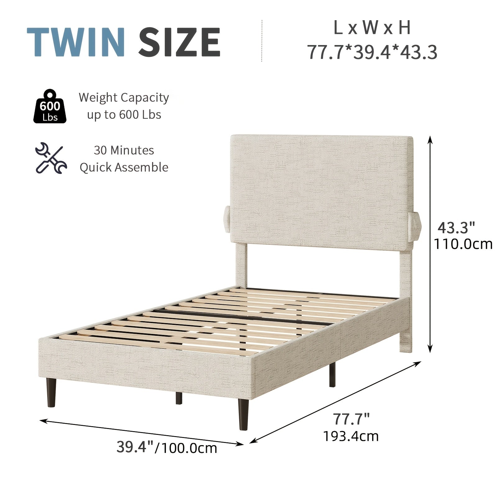 Twin Bed Frame with Headboard | Chenille Fabric Upholstered Platform Bed with Strong Wooden Slats