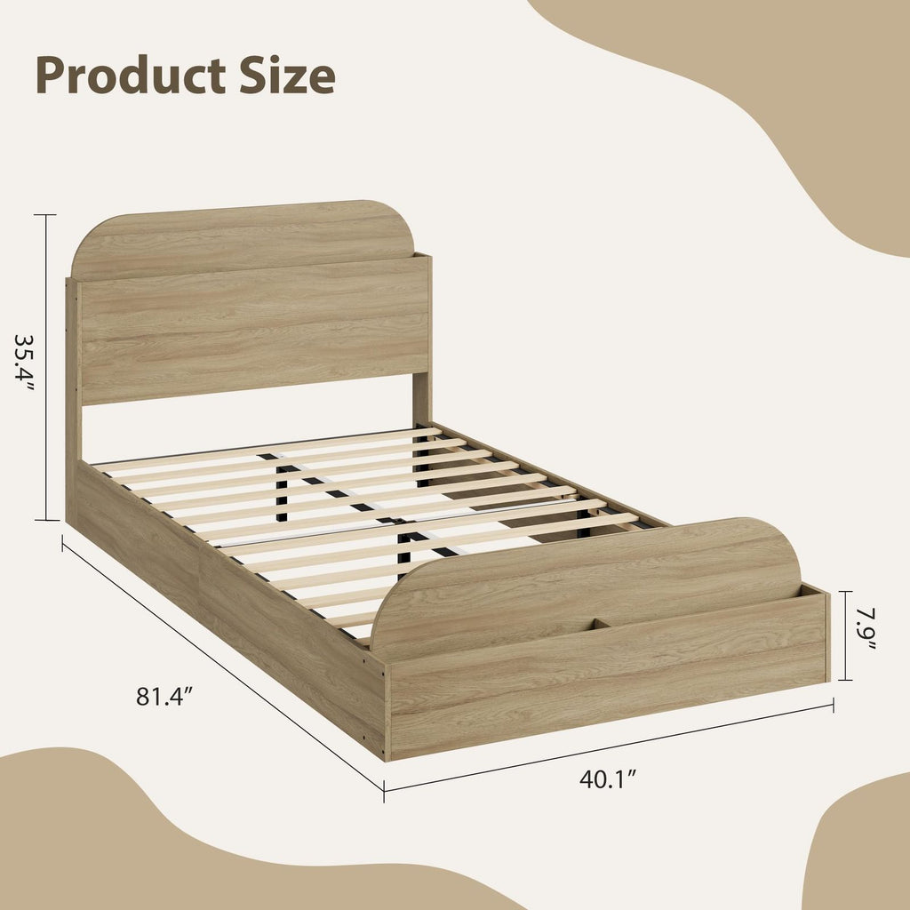 Twin Size Kids Bed Frame with Storage Headboard & Raised Footboard - Low Profile Platform Bed