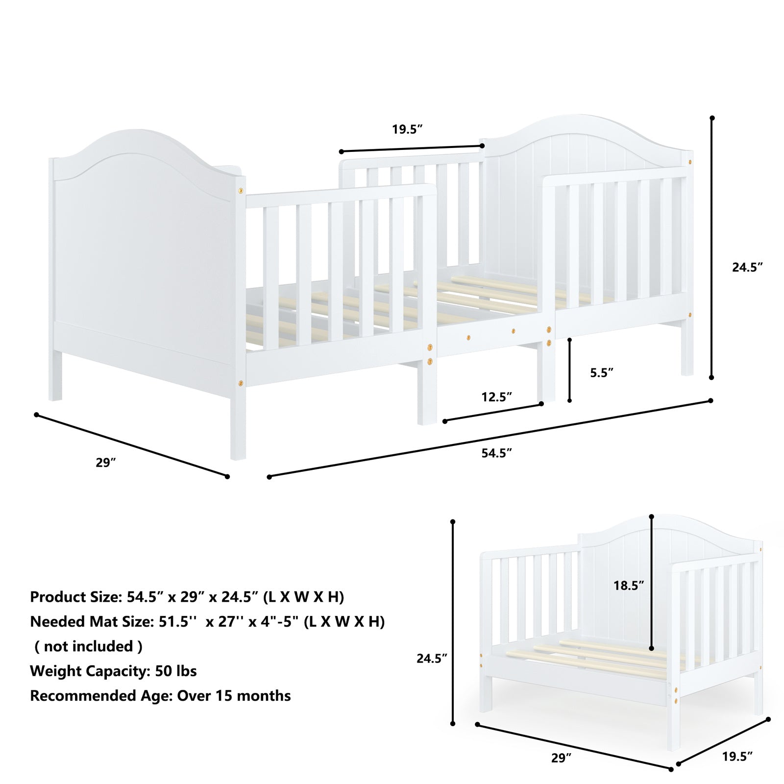 LIFEZEAL 2-in-1 Convertible Youngsters Bed with Safety Guardrails & Sturdy Wooden Frame