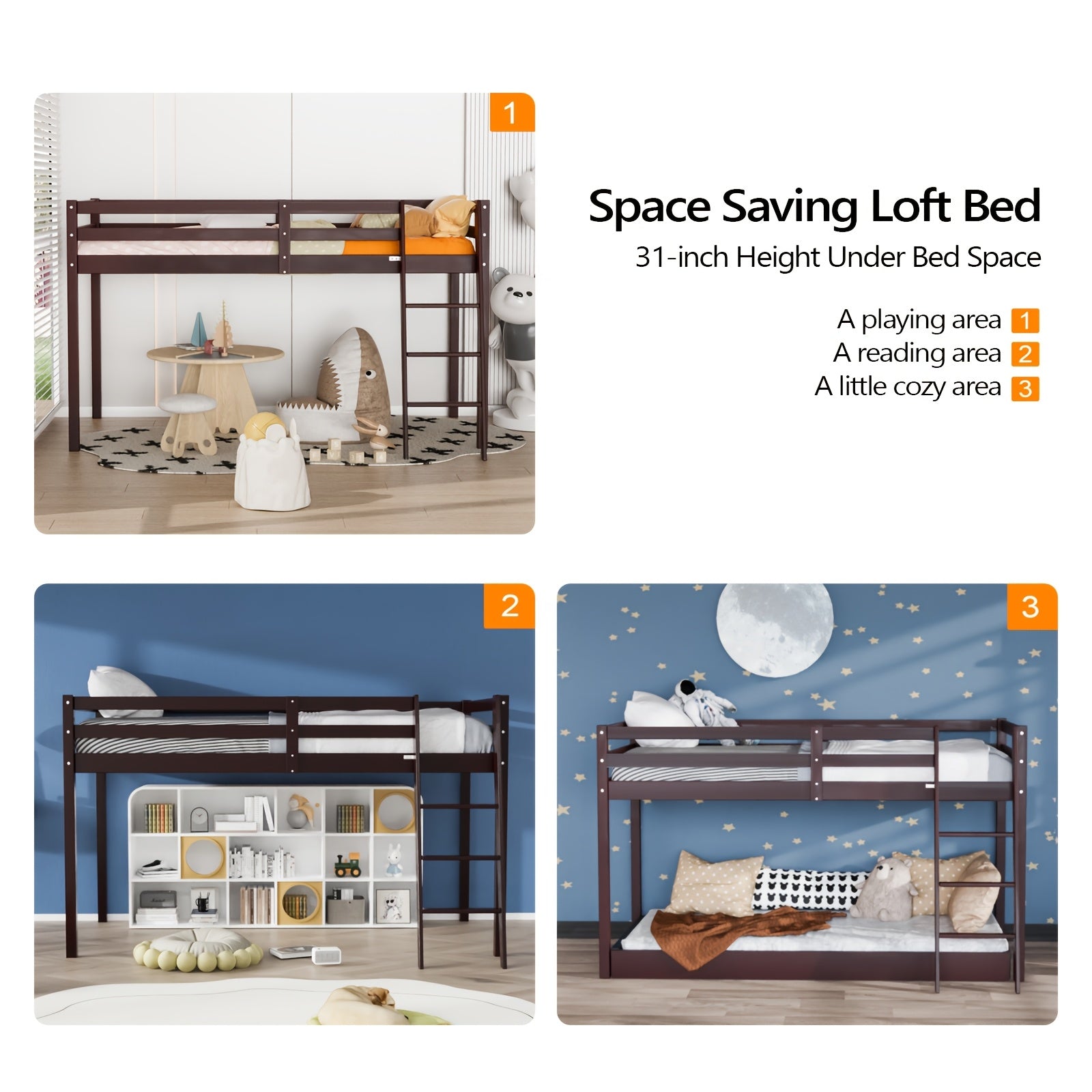 Bonnlo Twin\u002FFull Low Loft Bed with Inclined Stairs - Solid Wood & MDF Bunk Bed Frame