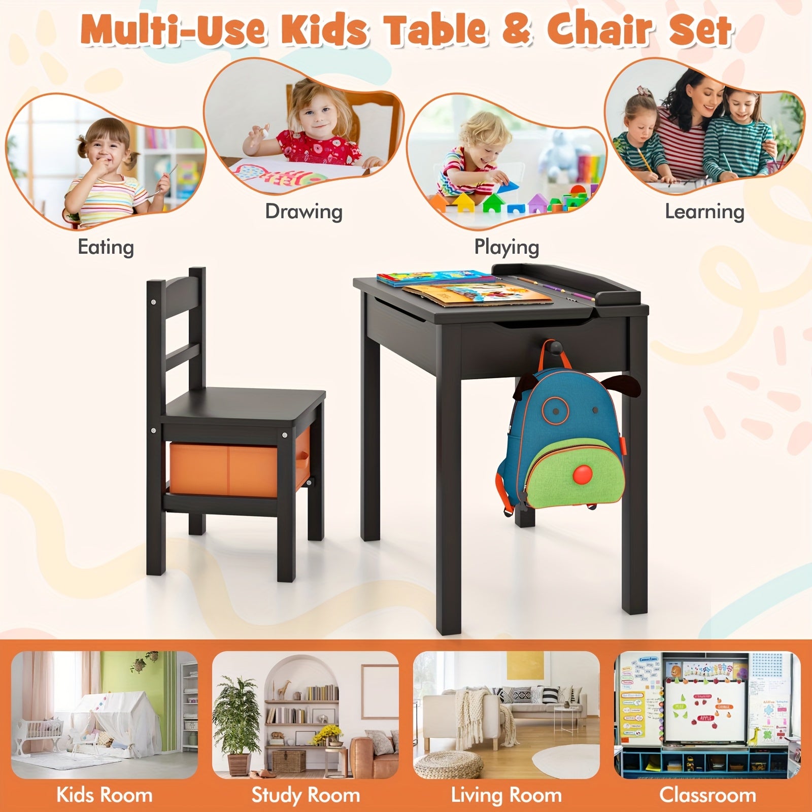 COSTWAY Kids Table and Chair Set, Flip Top Toddler Study Desk w\u002F Chair for Playroom Nursery