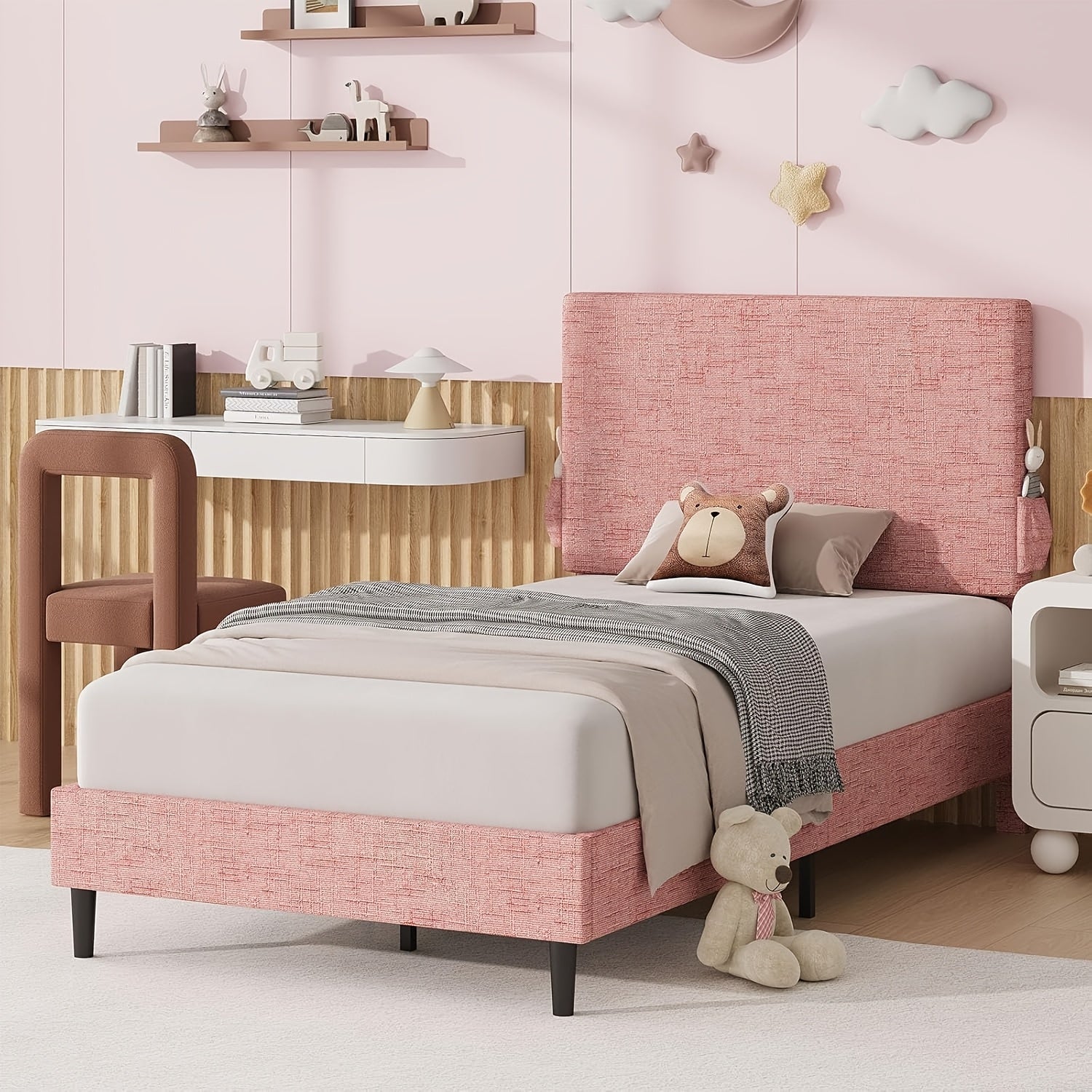 Twin Bed Frame with Headboard | Chenille Fabric Upholstered Platform Bed with Strong Wooden Slats
