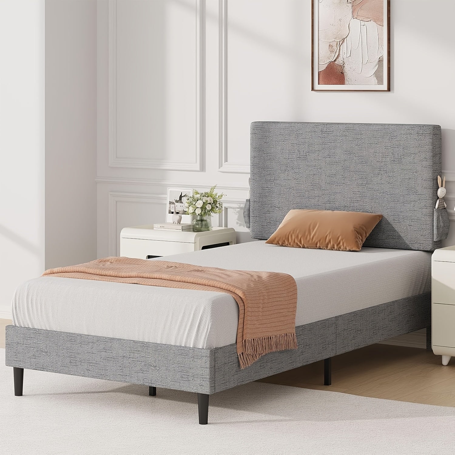 Twin Bed Frame with Headboard | Chenille Fabric Upholstered Platform Bed with Strong Wooden Slats