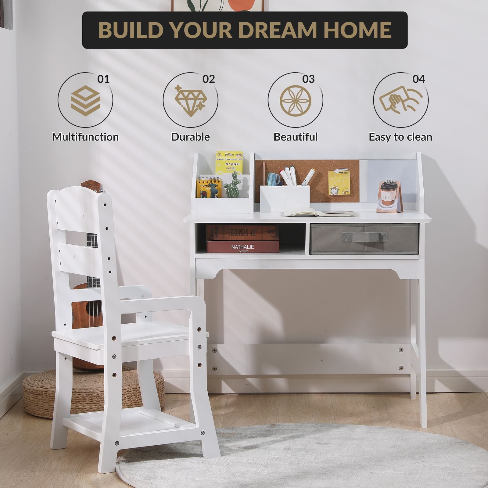 Study Desk with Adjustable Chair,  Study Table Chair Set with Hutch, Buttetin Board