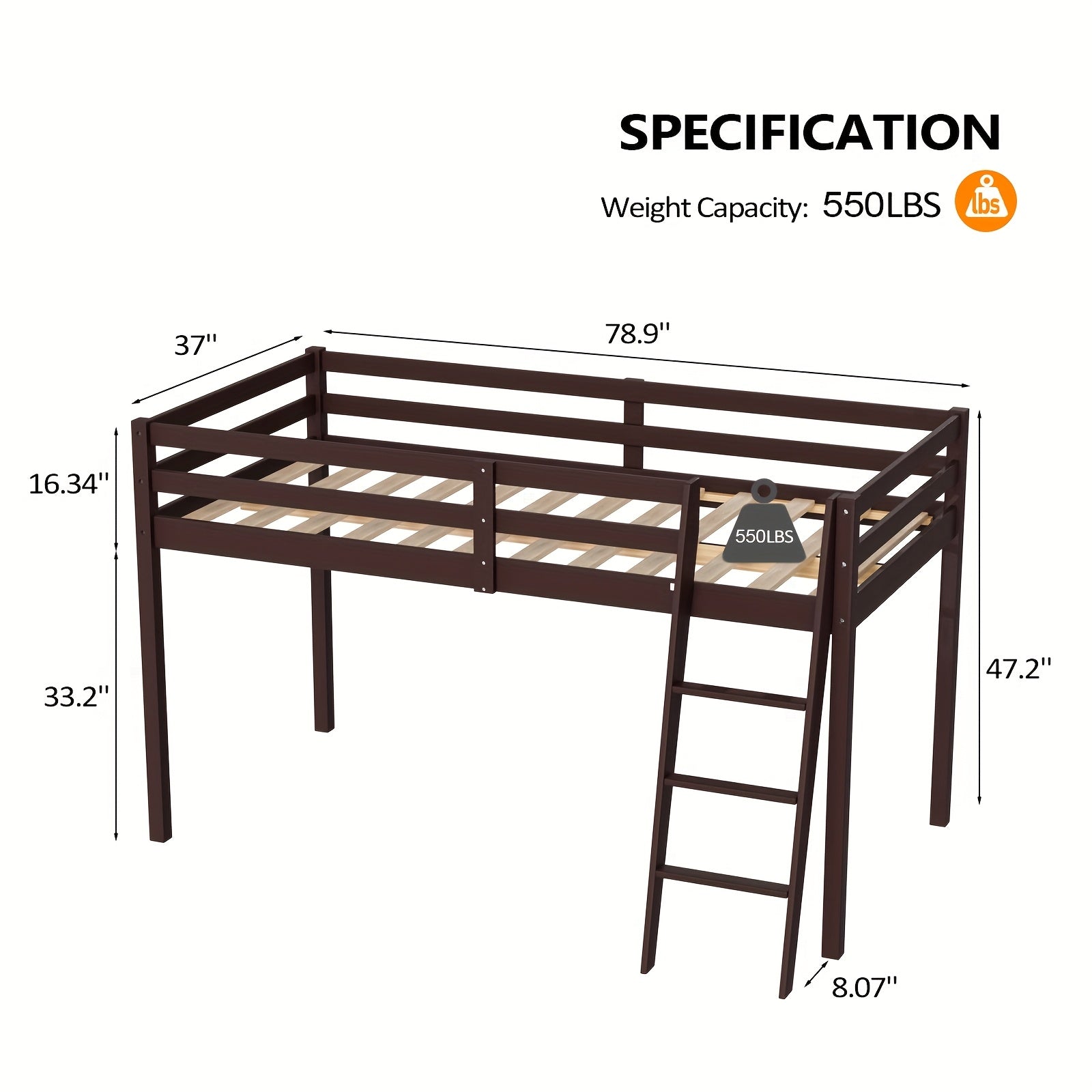 Bonnlo Twin\u002FFull Low Loft Bed with Inclined Stairs - Solid Wood & MDF Bunk Bed Frame