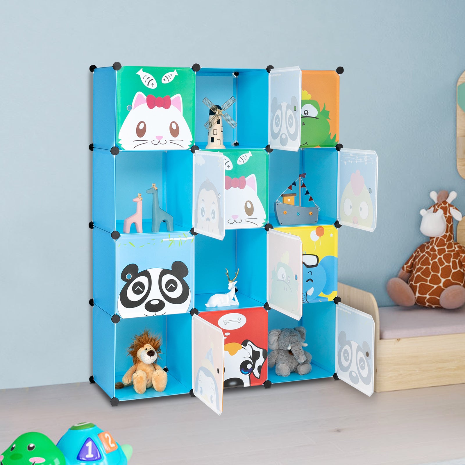 Cartoon Modular Storage Organizer with 12 Cubes & 2 Clothes Hanging Rack, Portable Armoire, Wardrobe for Bedroom