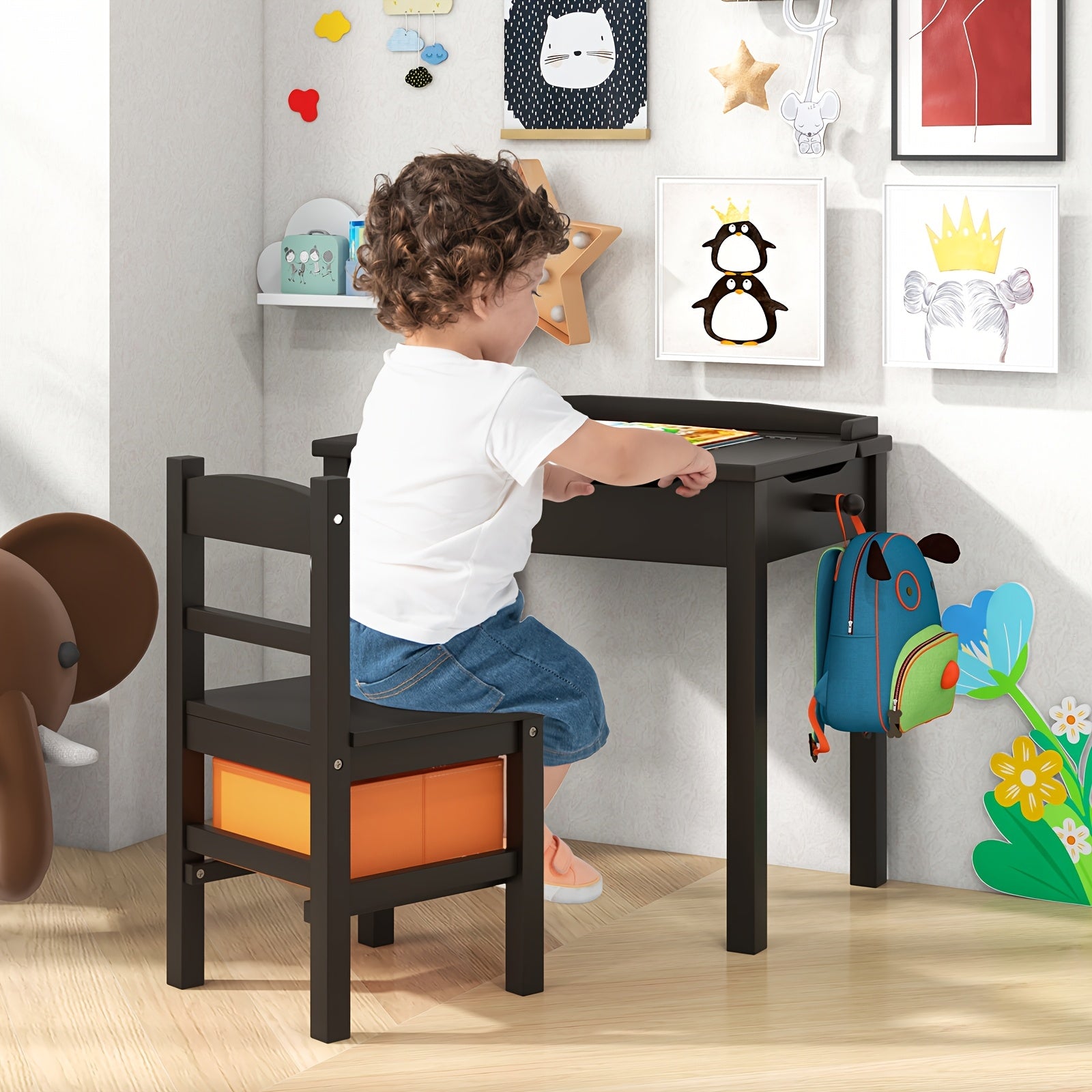 COSTWAY Kids Table and Chair Set, Flip Top Toddler Study Desk w\u002F Chair for Playroom Nursery