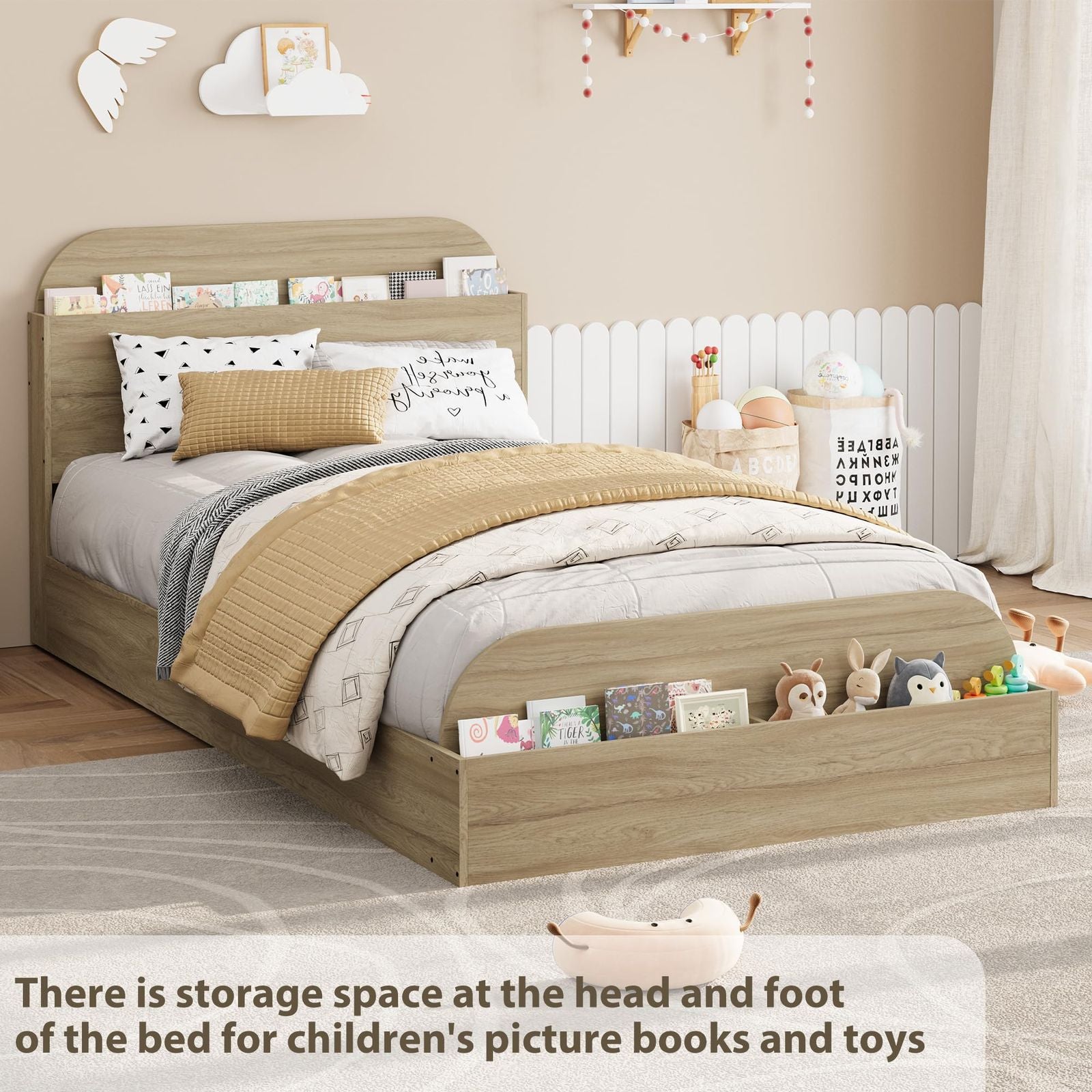 Twin Size Kids Bed Frame with Storage Headboard & Raised Footboard - Low Profile Platform Bed