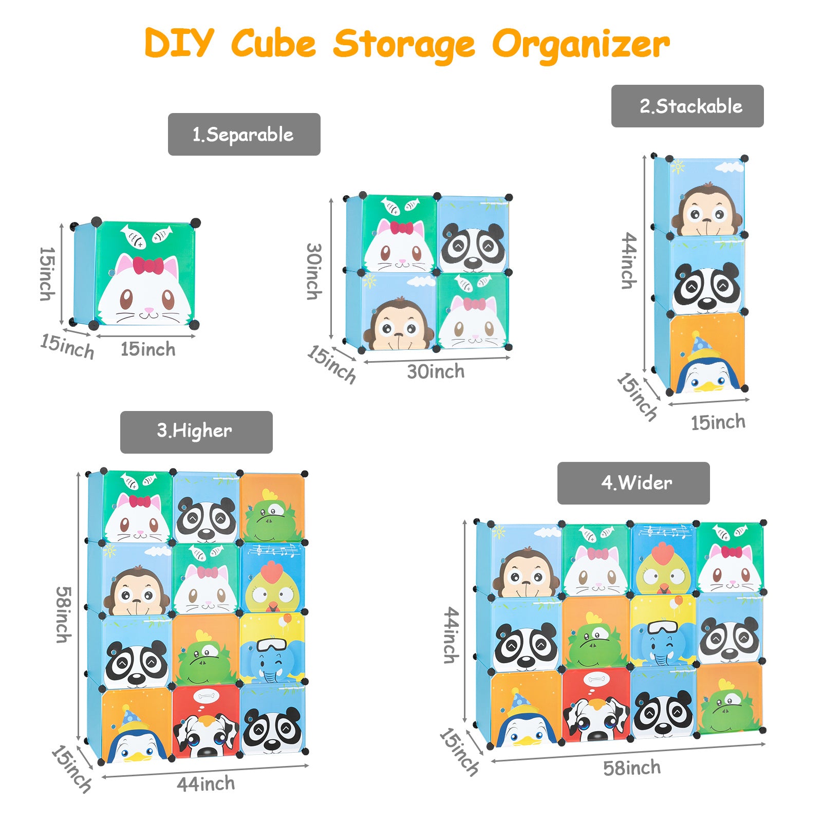 Cartoon Modular Storage Organizer with 12 Cubes & 2 Clothes Hanging Rack, Portable Armoire, Wardrobe for Bedroom