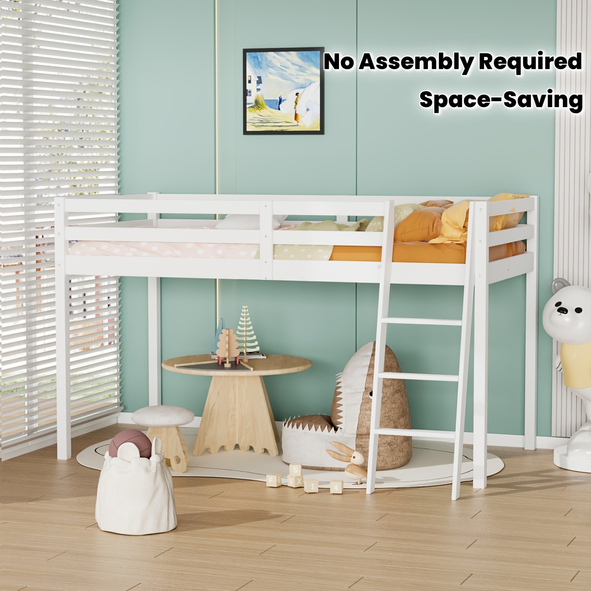 Bonnlo Twin\u002FFull Low Loft Bed with Inclined Stairs - Solid Wood & MDF Bunk Bed Frame