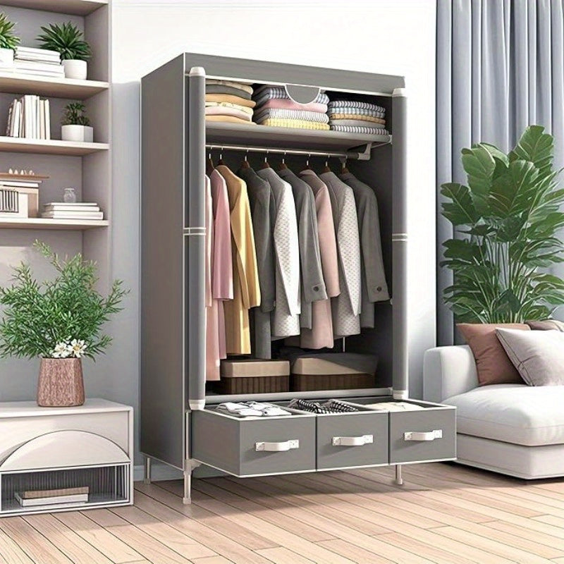Portable Clothes Closet Rolling Door Wardrobe With Hanging Rack & 3 Drawers