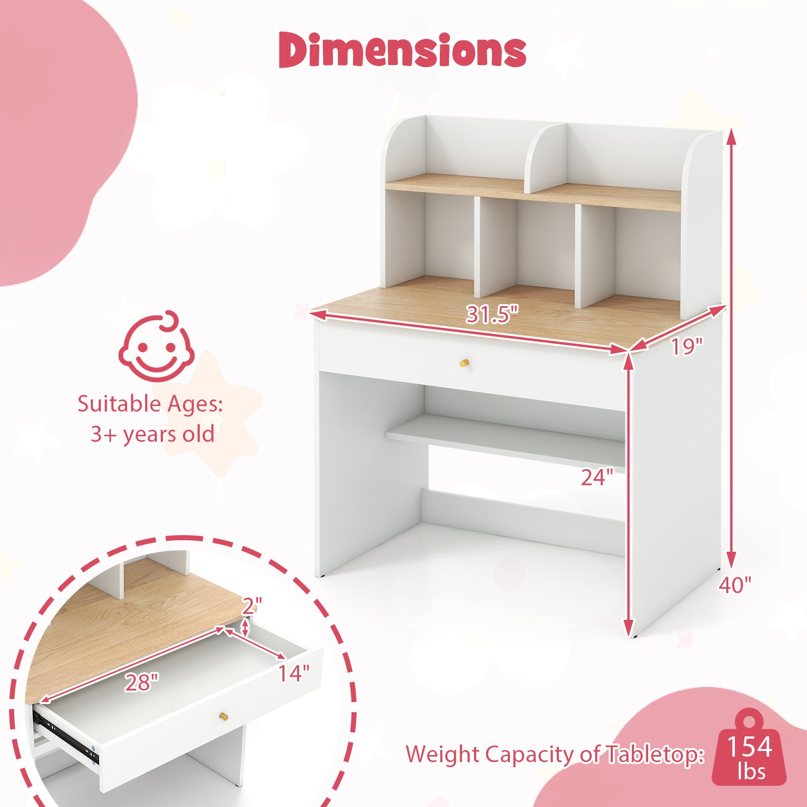 COSTWAY Kids Wooden Study Desk Children Writing Table with Hutch & Drawer White
