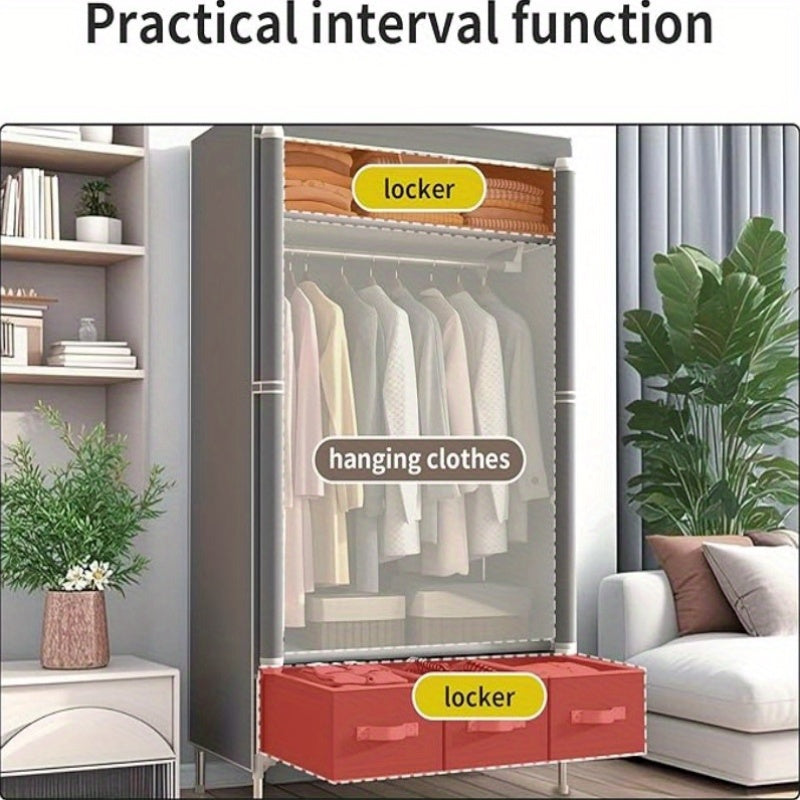 Portable Clothes Closet Rolling Door Wardrobe With Hanging Rack & 3 Drawers