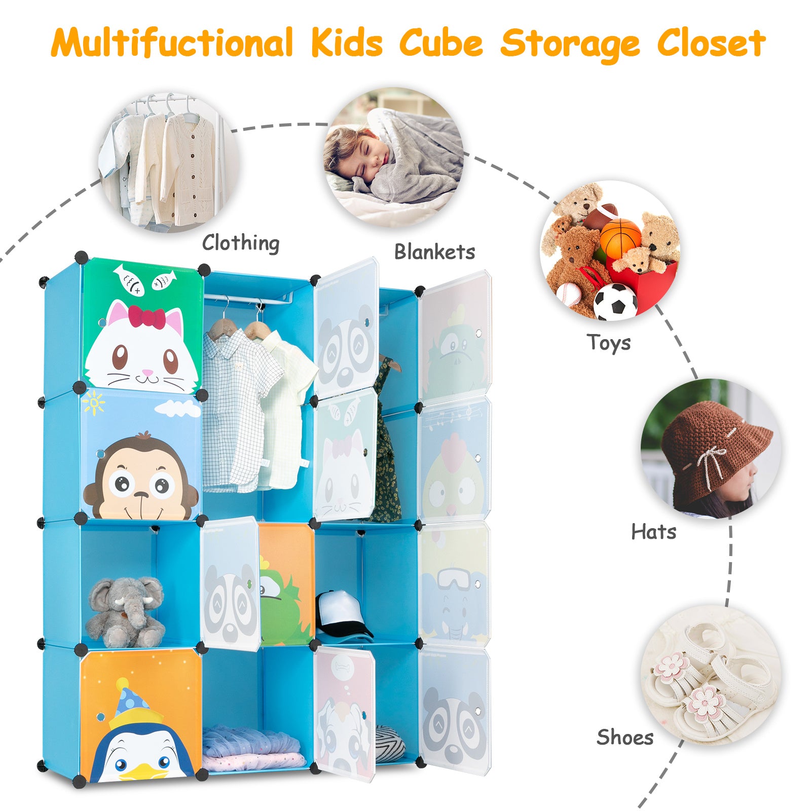 Cartoon Modular Storage Organizer with 12 Cubes & 2 Clothes Hanging Rack, Portable Armoire, Wardrobe for Bedroom