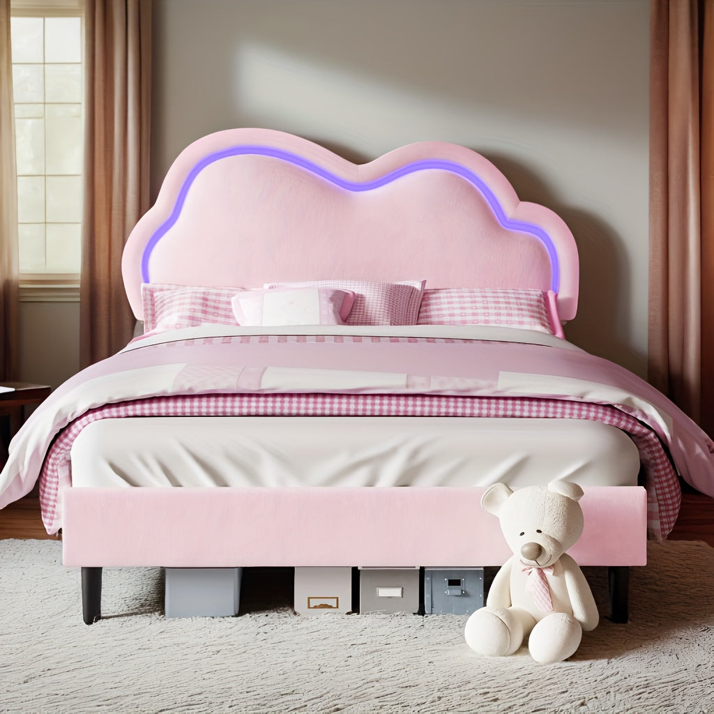 LUXOAK LED-Illuminated Twin Bed Frame with Velvet Cloud Headboard